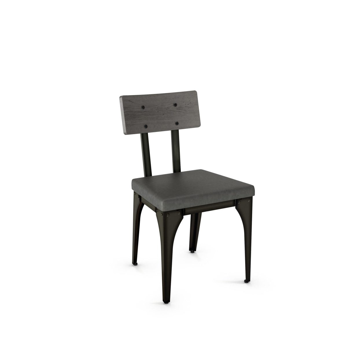 The Architect Chair features a rectangular wood back, upholstered seat, and sturdy dark Canadian steel legs, shown against a plain white background.