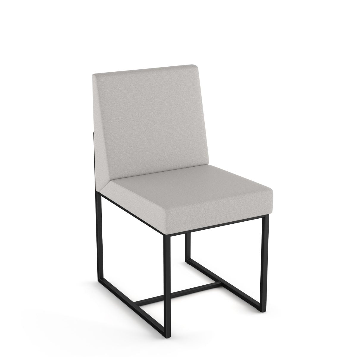 The Derry Chair features a light grey upholstered seat and backrest on a minimalist black metal frame with an open rectangular base, offering modern Canadian style and durability for commercial spaces.