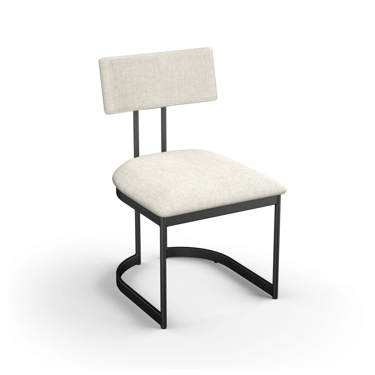 The Lucio Chair features a rectangular beige upholstered seat and backrest on a curved-base black Canadian steel frame. With its minimalist, contemporary design, it’s ideal for commercial spaces.