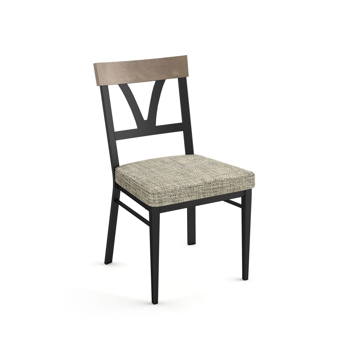 The Lawrence Chair features a black metal frame, light brown wood backrest, and a textured gray upholstered seat, making it ideal for commercial use. Shown on a white background.