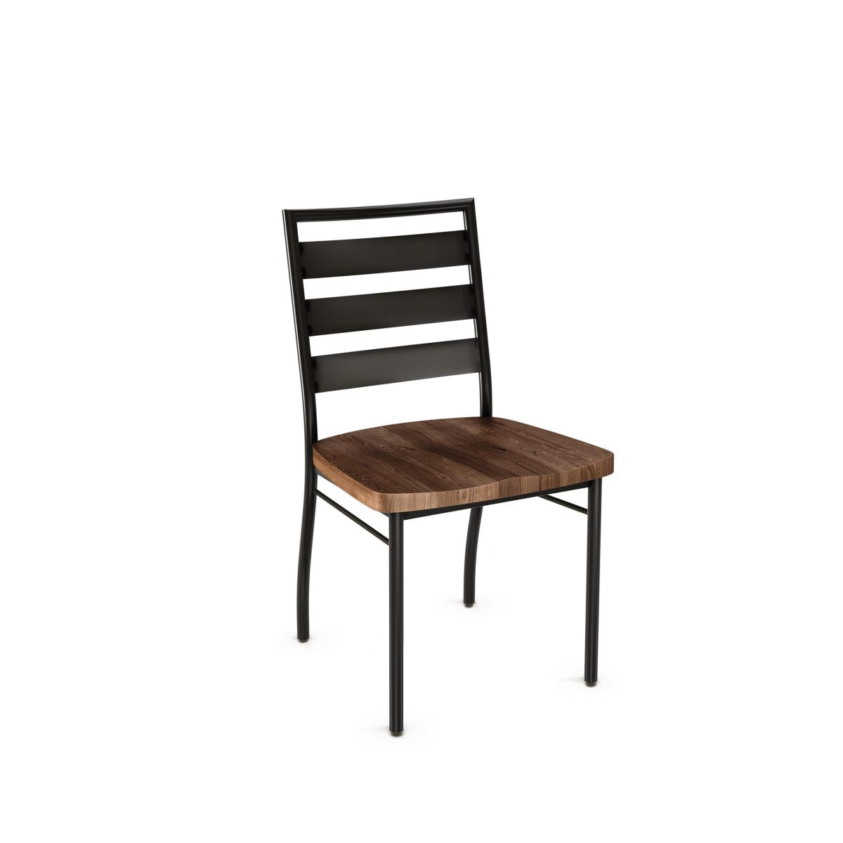 The Tori Chair (Wood Seat and Metal Back) features a black metal frame, horizontal slat backrest, rectangular wood seat, and straight legs. Its modern design is ideal for commercial spaces and includes a 10-year warranty.