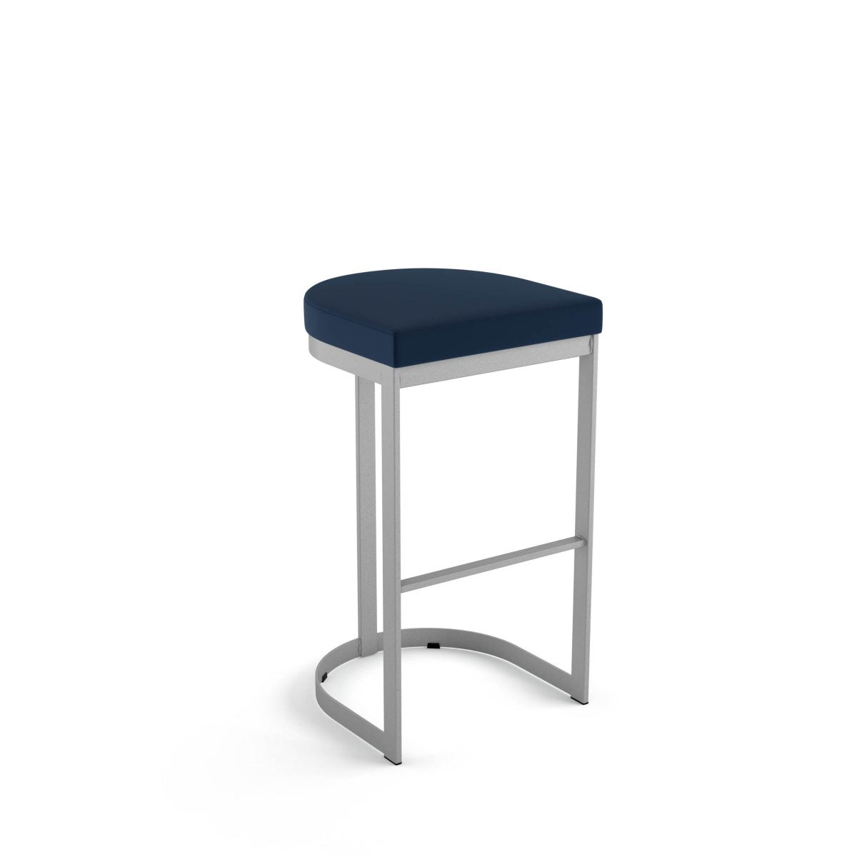 The Lester Counter Height Stool features a navy blue upholstered seat and silver metal frame with a curved base and two horizontal support bars. Backless and designed for commercial use, it is set against a plain white background.