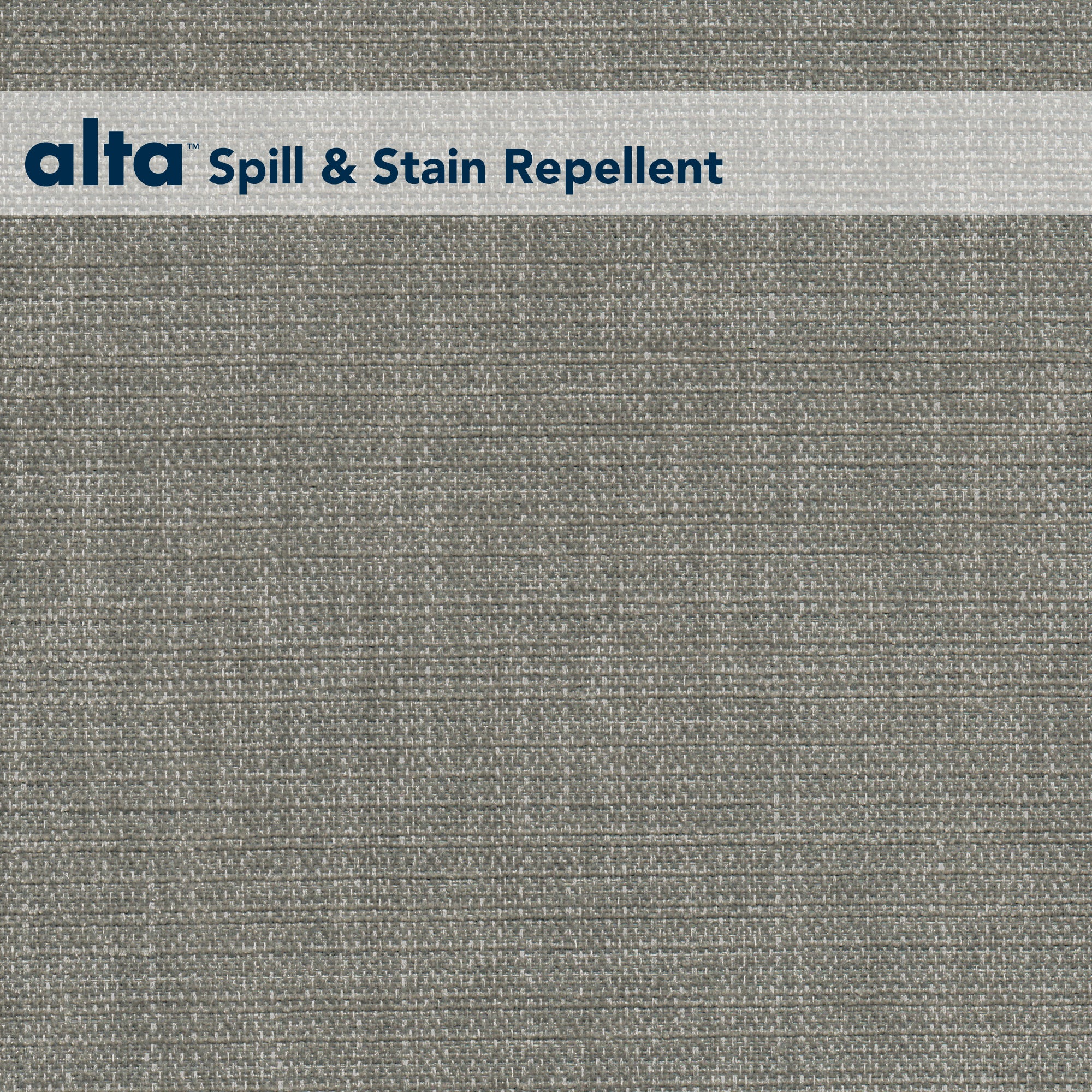 Admire is a gray textured performance fabric with an alta Spill & Stain Repellent label in blue and gray text, perfect for stain-repellent upholstery in hospitality interiors.