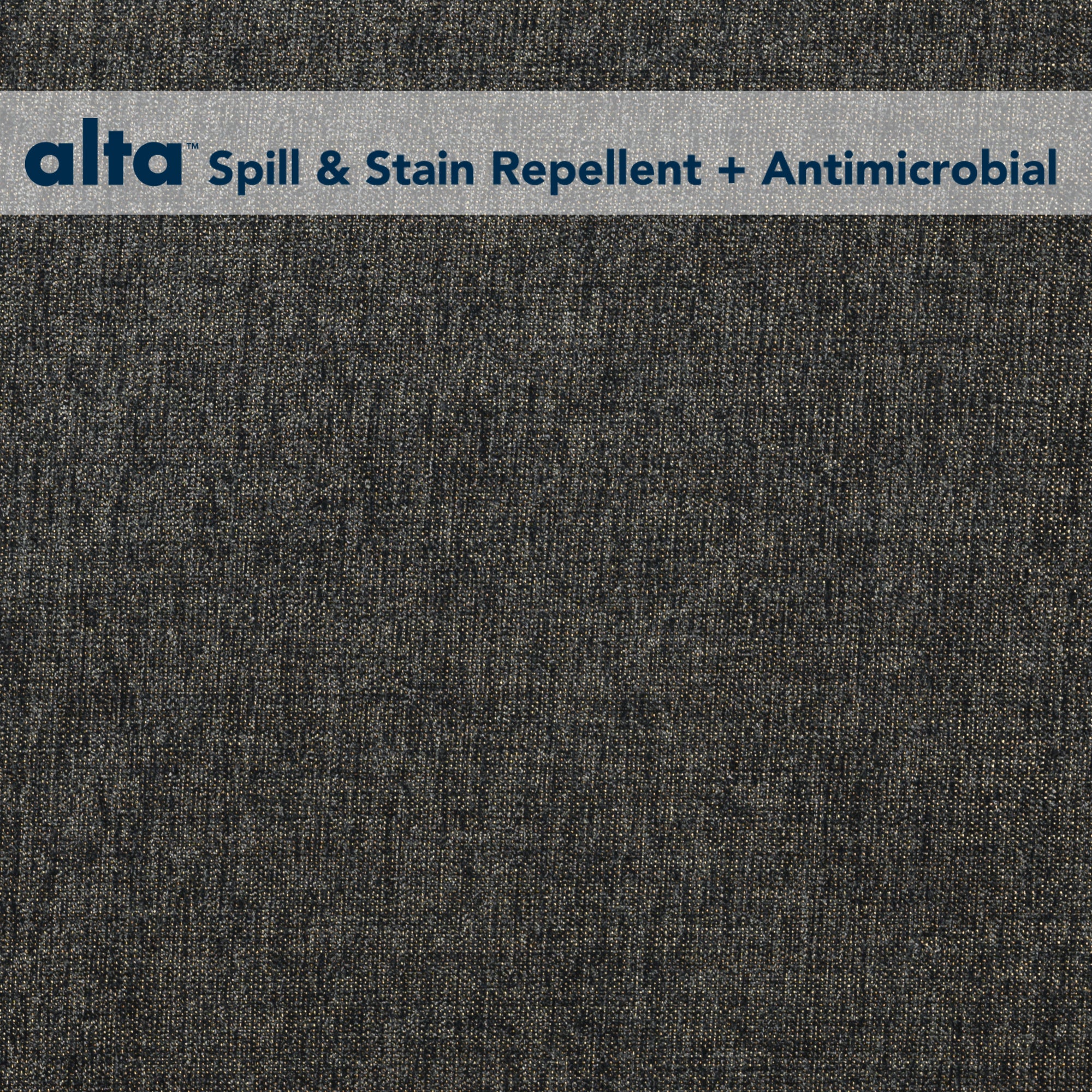 Allure is a dark textured luxury performance fabric featuring a horizontal banner at the top that reads alta Spill & Stain Repellent + Antimicrobial in blue text on a light gray background, highlighting its advanced antimicrobial properties.