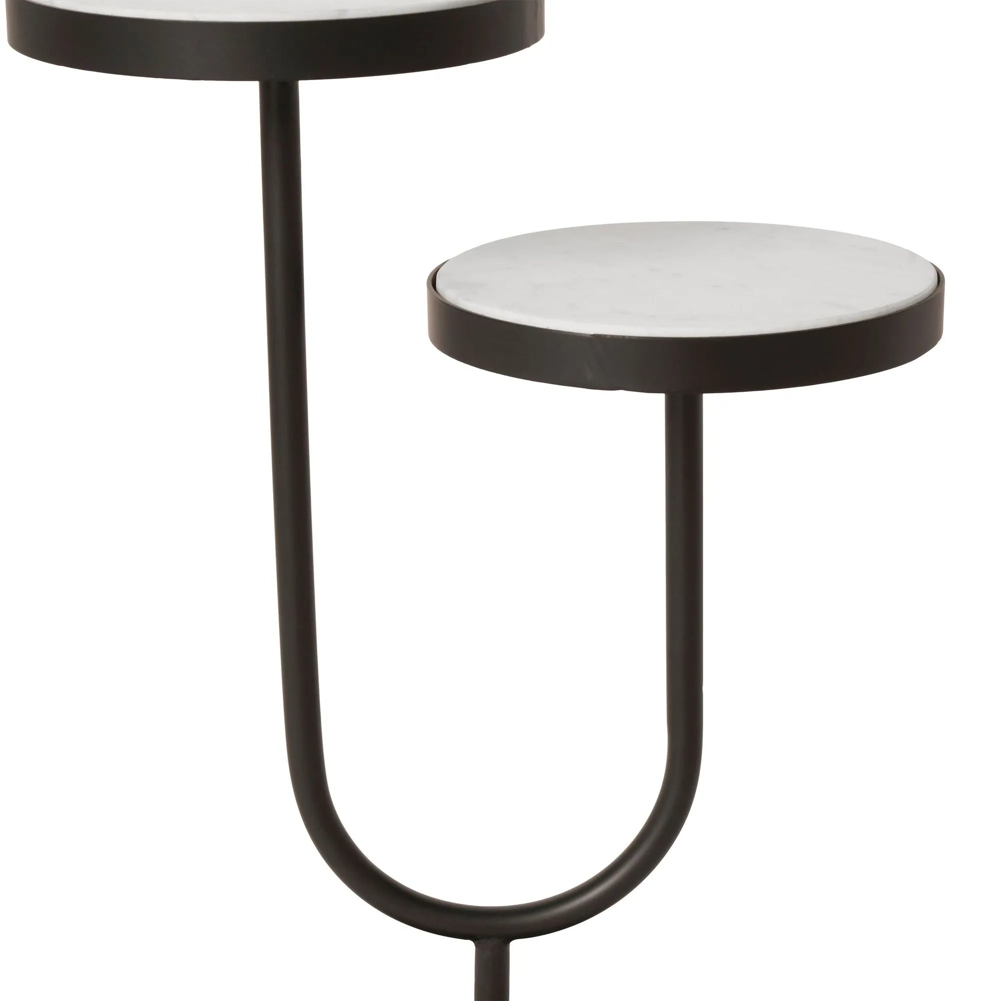 The Ambra is a two-tiered marble side table with round white platforms and black metal supports, showcasing a modern minimalist design thats perfect as a stylish accent piece.