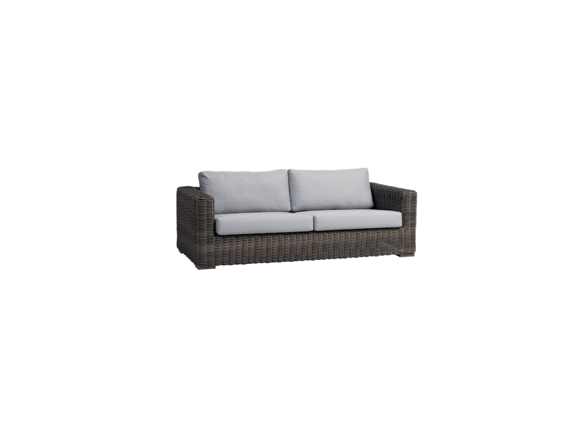 The Arlington 2.5-Seater Sofa is a modular outdoor piece with a dark brown wicker frame featuring a heat transfer wood grain finish and light gray seat and back cushions, shown from the front against a white background.