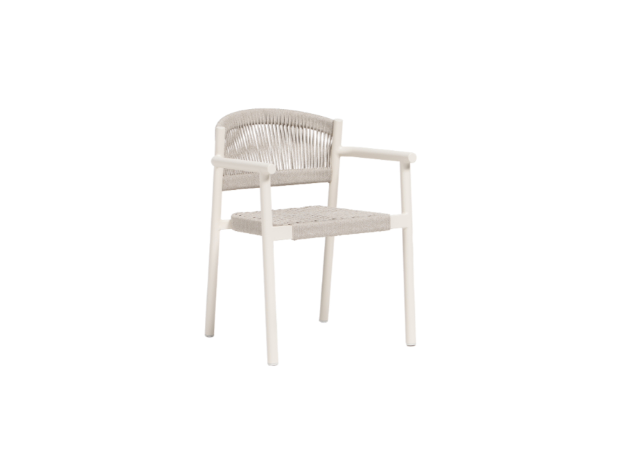The Aruba Dining Arm Chair is a modern white stackable chair with a woven seat and backrest, straight aluminum legs, and armrests, shown against a plain white background.