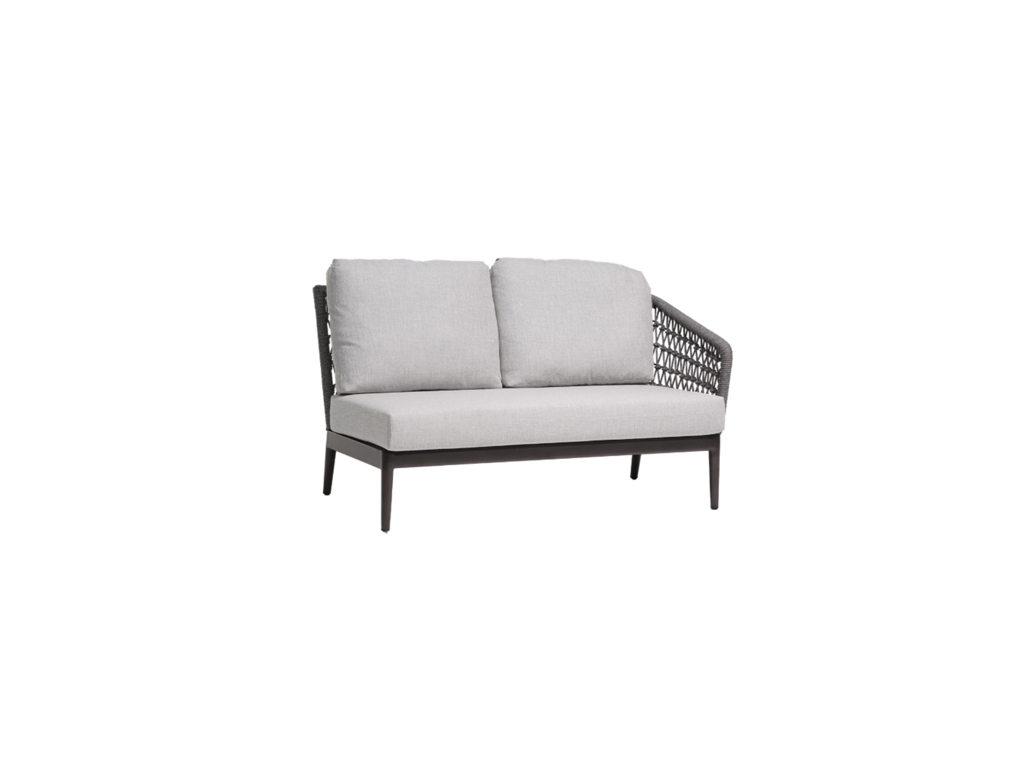 The Bali 2-Seater Right Arm features light gray cushions, a dark metal frame, and open-weave detailing—making it a stylish, weather-resistant choice for your outdoor seating area.