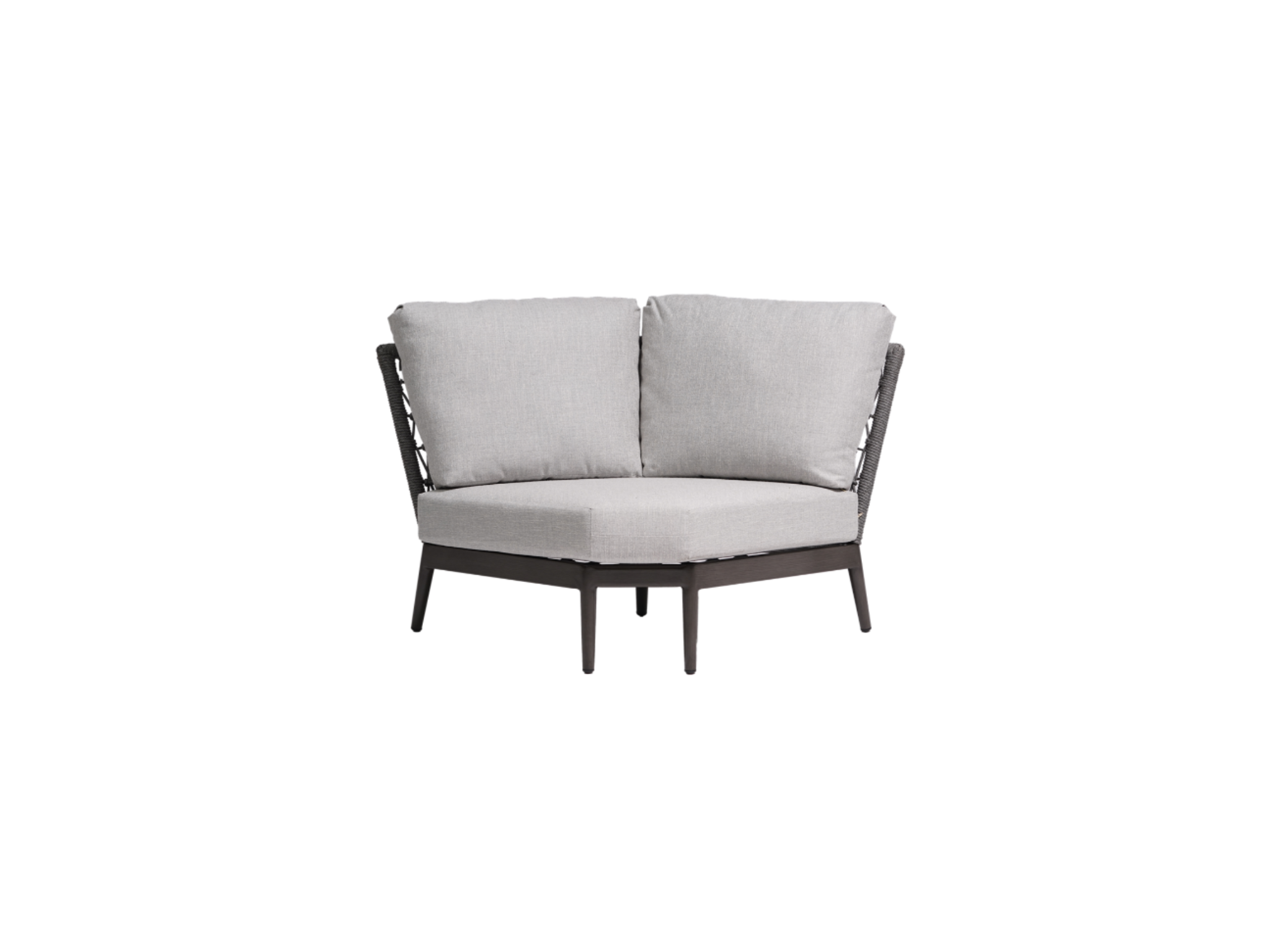 The Bali Curved Corner features light gray cushions and a dark wood frame with an angled backrest and four legs—ideal for stylish, weather-resistant outdoor comfort.