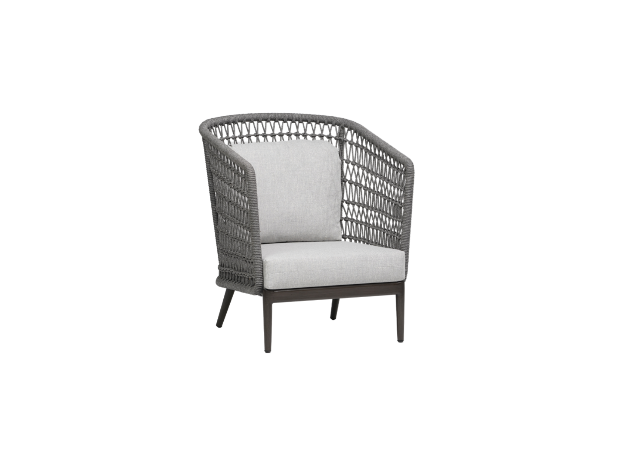 The Bali Highback Chair offers a modern rattan-style frame, weather-resistant materials, and a light gray cushion—ideal for stylish outdoor living as part of the Bali seating collection.