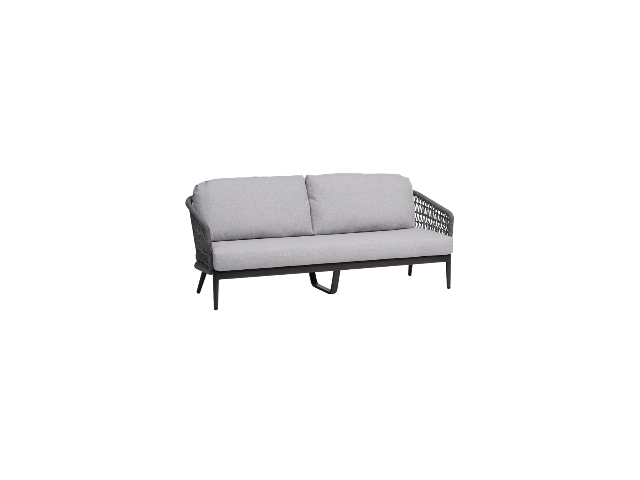 The Bali Sofa features light gray, weather-resistant cushions, black metal legs, and woven black armrests—modern outdoor seating perfect for stylish open-air living. Photographed against a plain white background.