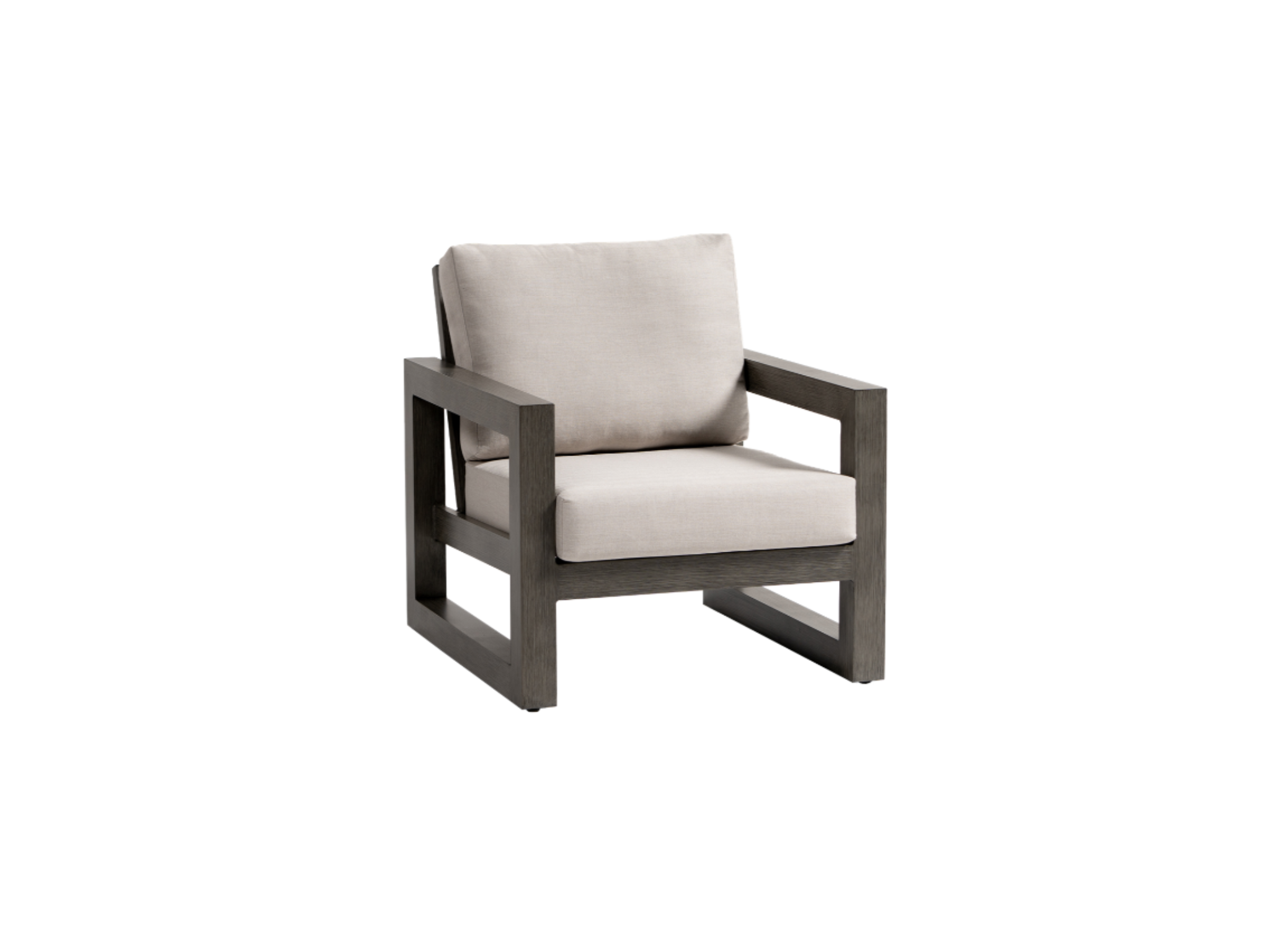 The Bergamo Club Chair features a dark wooden frame with light beige seat and back cushions, making it the perfect addition to elevate your outdoor living space.