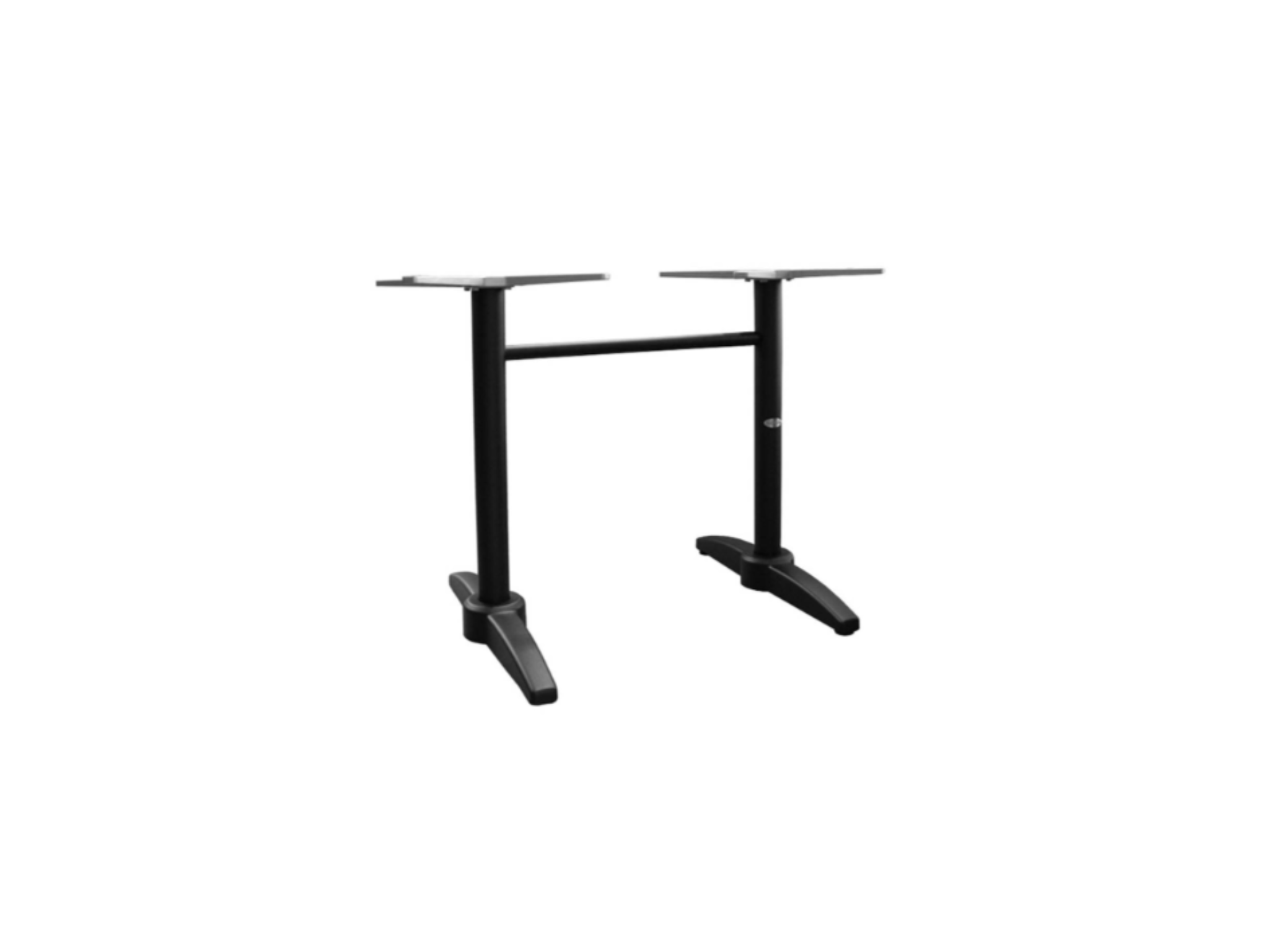 The Boston Double Pole Table Base features a black, adjustable two-leg frame with a connecting support bar and flat mounting plates. Made from rust-resistant aluminum, it's ideal as an outdoor table base. The frame is shown isolated on a white background.