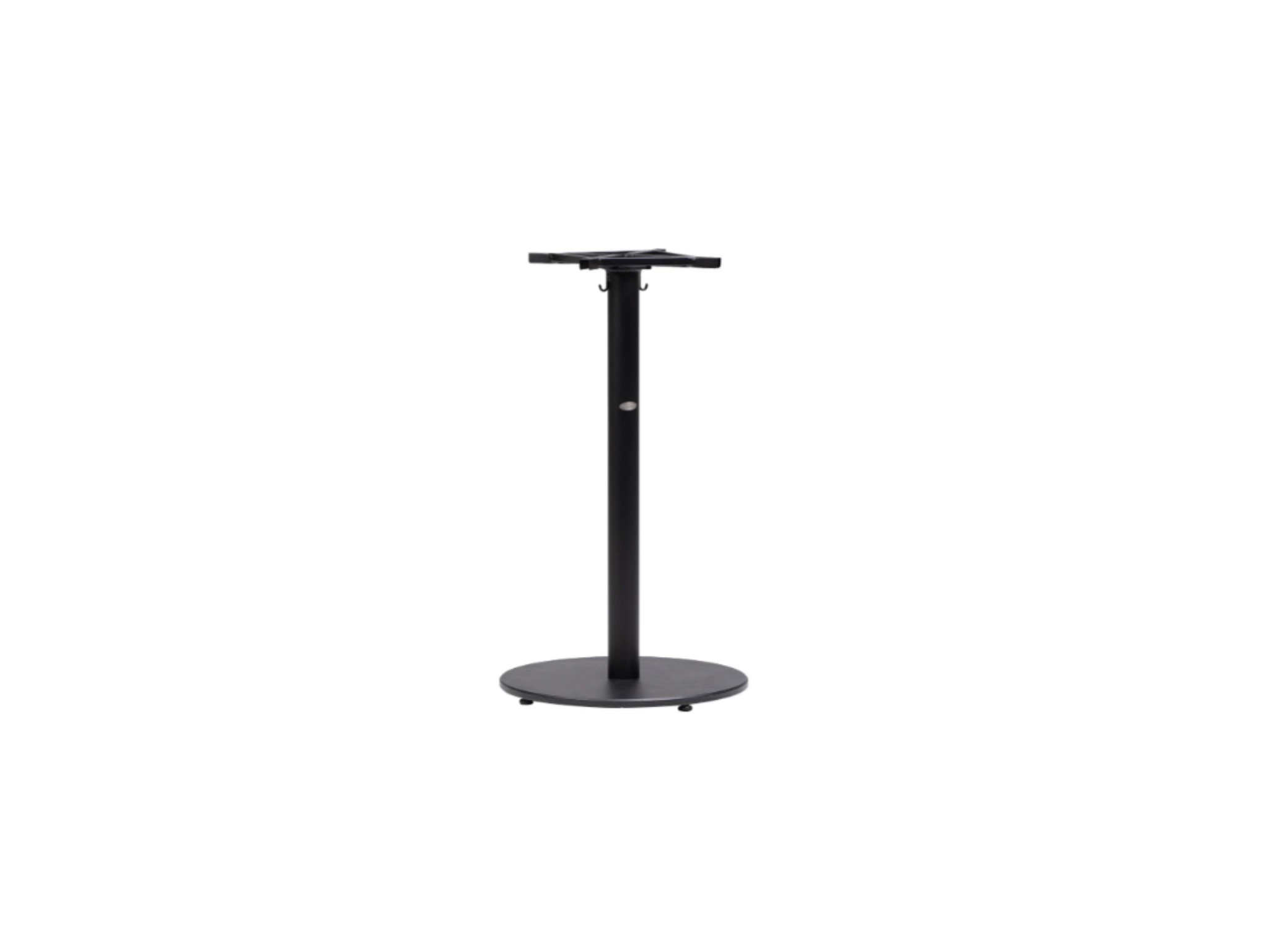 The Copenhagen Bar Table Base is a modern, rust-resistant aluminum table base with a black finish, round flat bottom, and vertical central support—perfect for outdoor use. Shown on a white background.