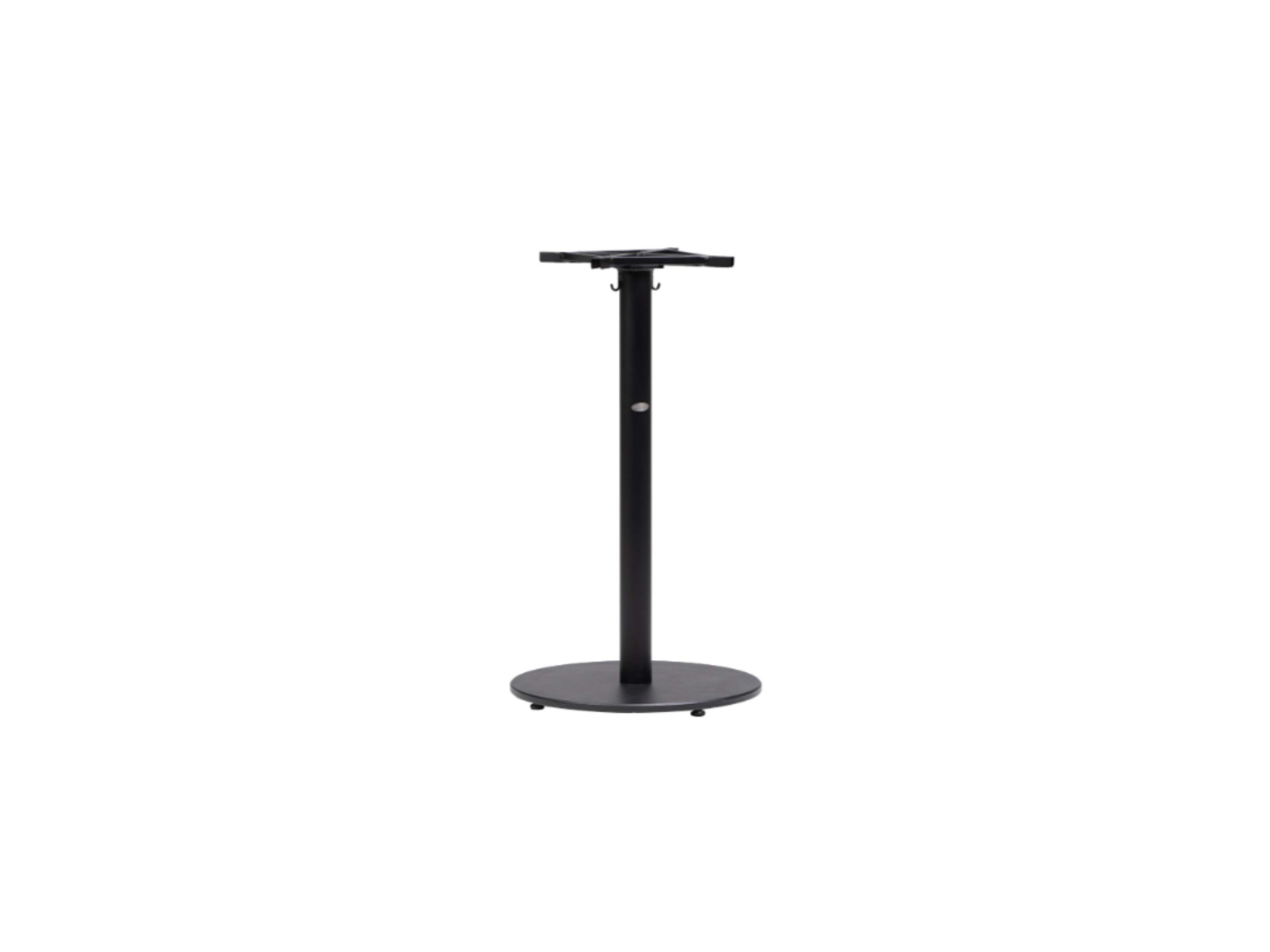 The Copenhagen Bar Table Base is a modern, rust-resistant aluminum base with a black round flat bottom and central support pole, designed to hold a tabletop. Shown isolated on a white background.