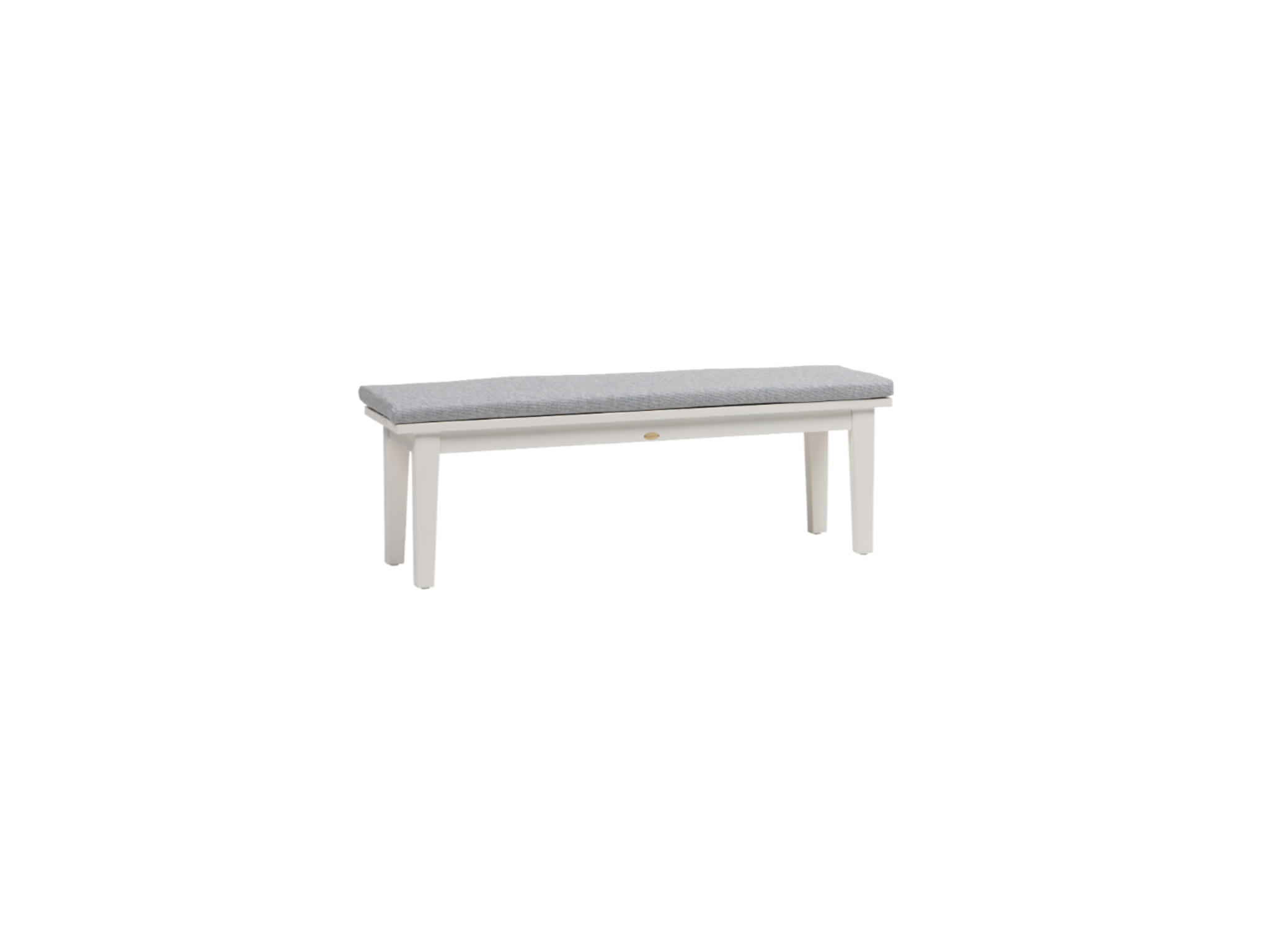 The Dallas Bench is a simple white wooden dining bench with straight legs and a light gray cushioned seat, offering a minimalist, modern design ideal for indoor use.