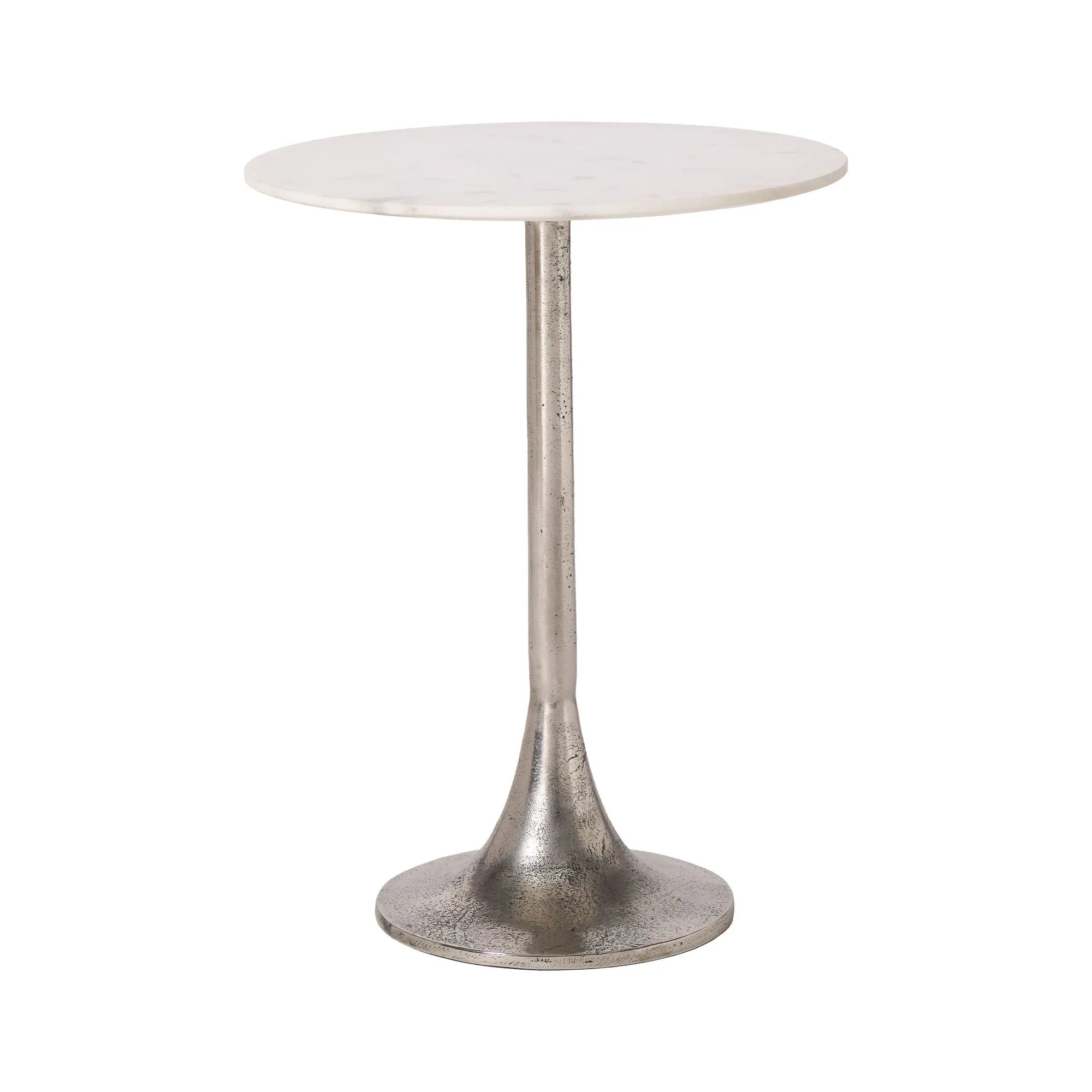 The Eloa is a small round side table featuring a white marble top and a single tulip base in an antique nickel finish, shown on a white background.