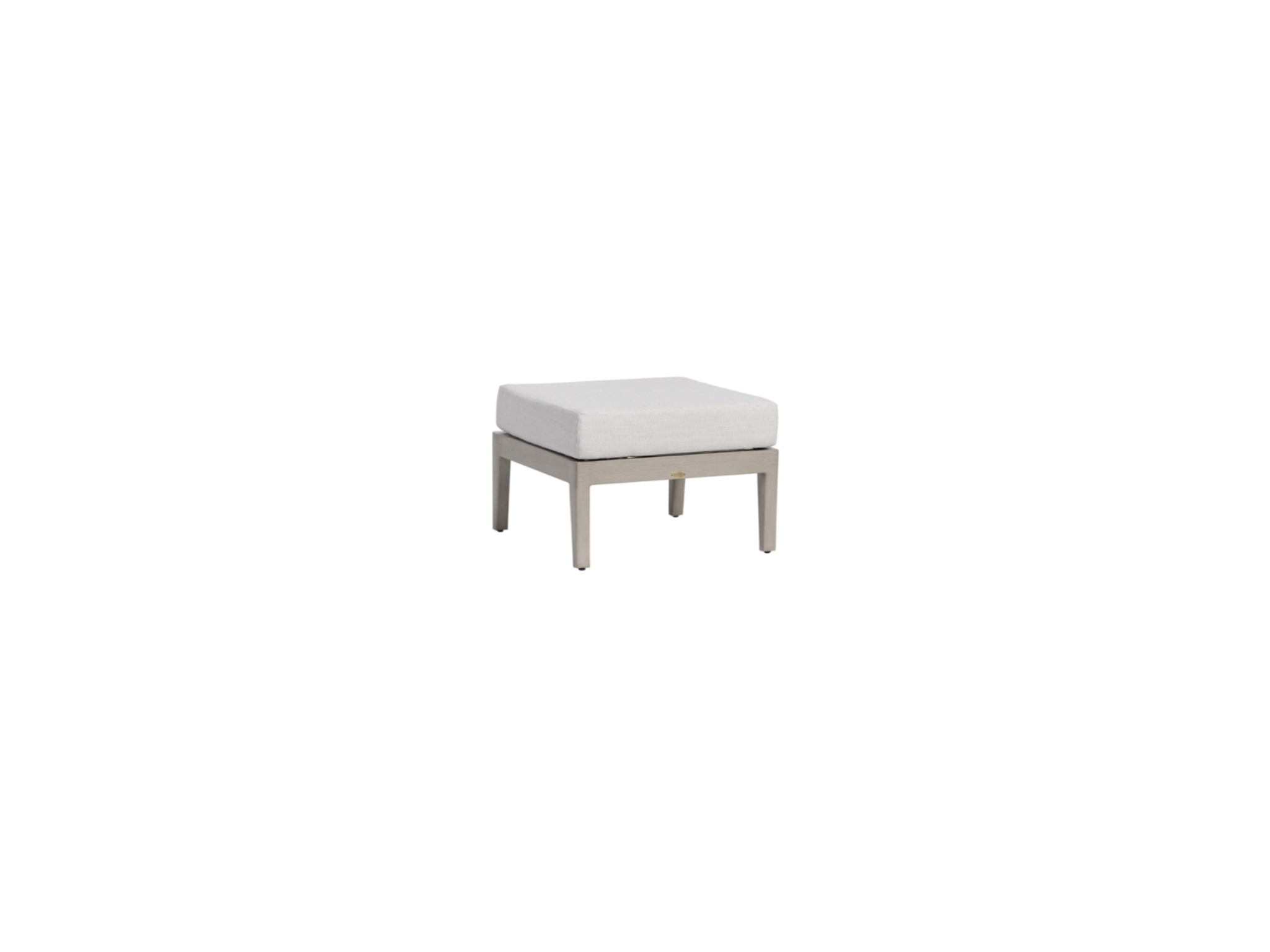 The Grenada Ottoman is a compact, square outdoor ottoman with a light gray cushioned top and four hand-brushed, powder-coated metal legs—ideal for stylish seating against a white backdrop.