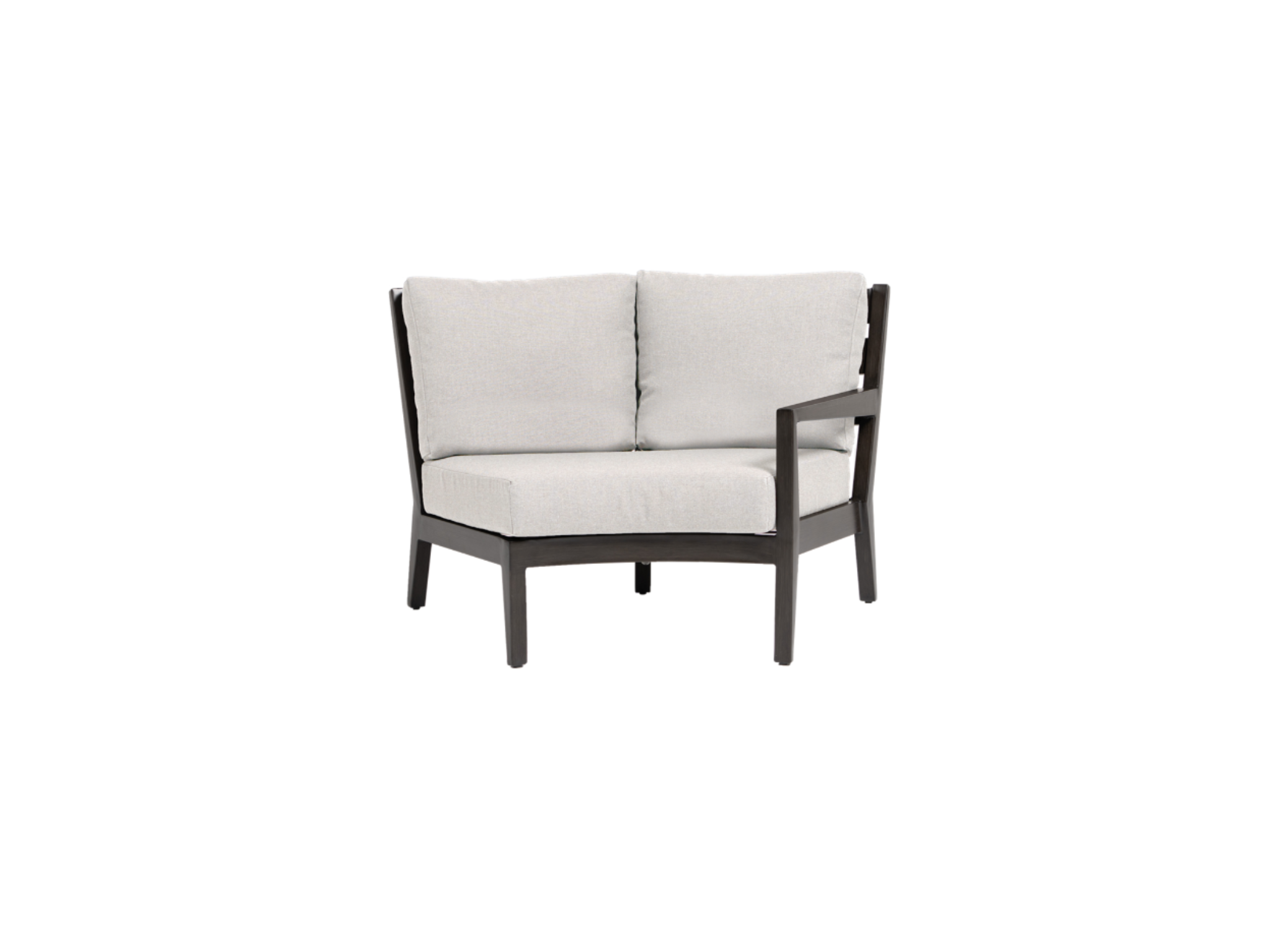 The Grenada Wedge Right Arm features a dark powder-coated wooden frame, light beige cushions, and an angled backrest, displayed against a plain white background.