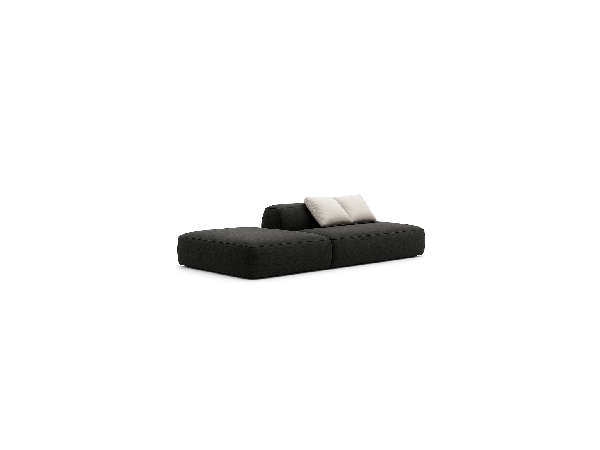 The Ivy Sectional is a minimalist black modern sofa with two light accent pillows, low backrest, and clean lines—ideal contemporary living room furniture—shown against a plain white background.