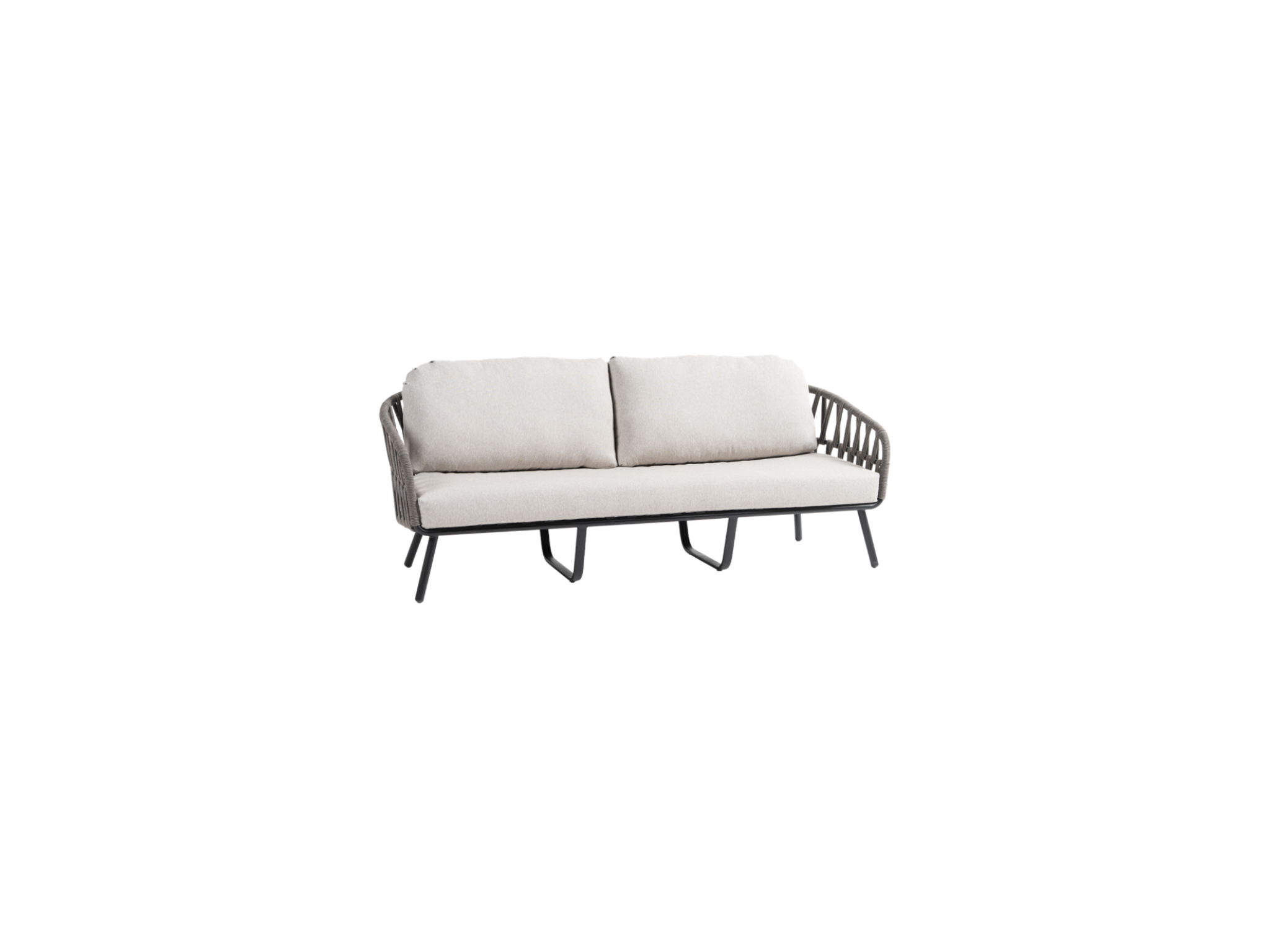 The Montauk 2.5-Seater Sofa features light beige cushions, a dark woven frame, sturdy aluminum construction, angled metal legs, and an open backrest and armrests design for a modern outdoor look.