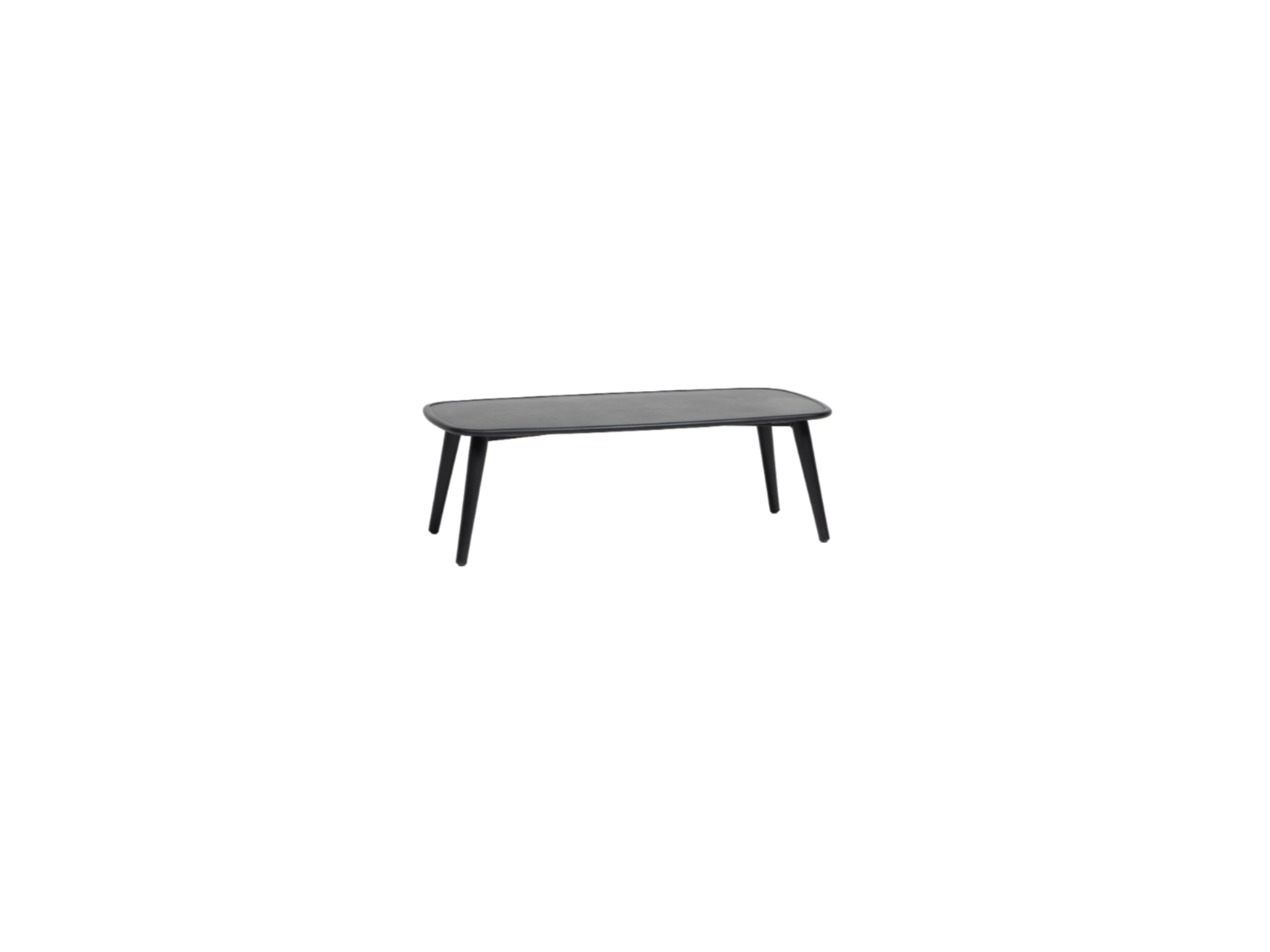 The Montauk Coffee Table is a minimalist black rectangle with four slightly angled legs and durable aluminum frames, showcased against a plain white background.