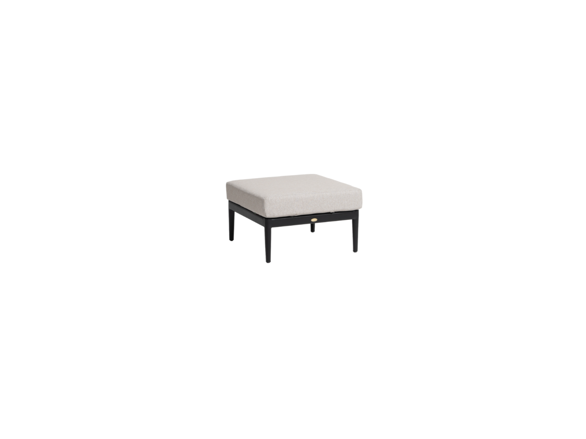 The Montauk Ottoman is a small, modern piece with a light beige cushioned top and black wooden legs, featured against a plain white background.