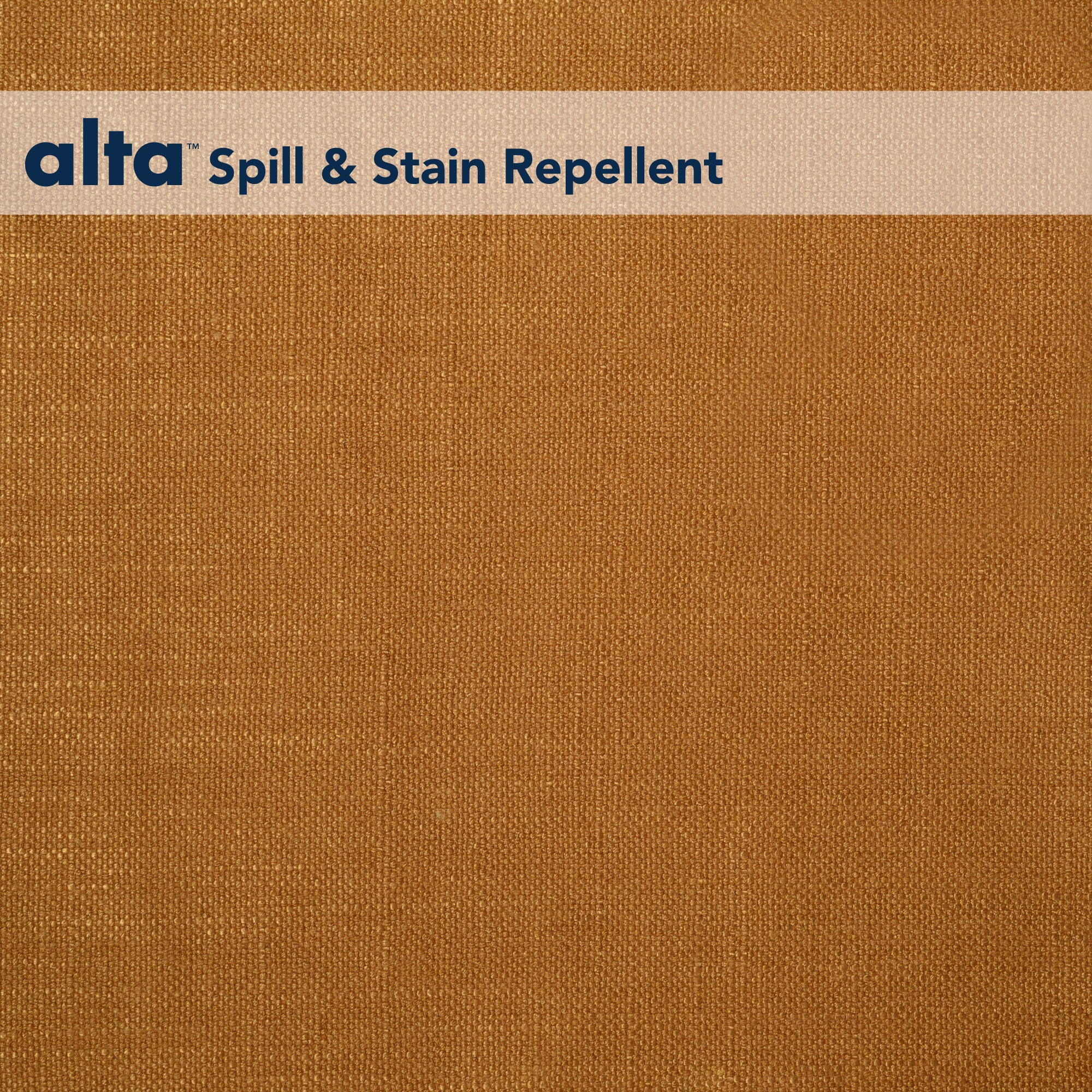 A close-up of Neil, a brown woven performance fabric, with a beige banner at the top showing alta Spill & Stain Repellent in blue—perfect for stain-repellent upholstery in hospitality interiors.