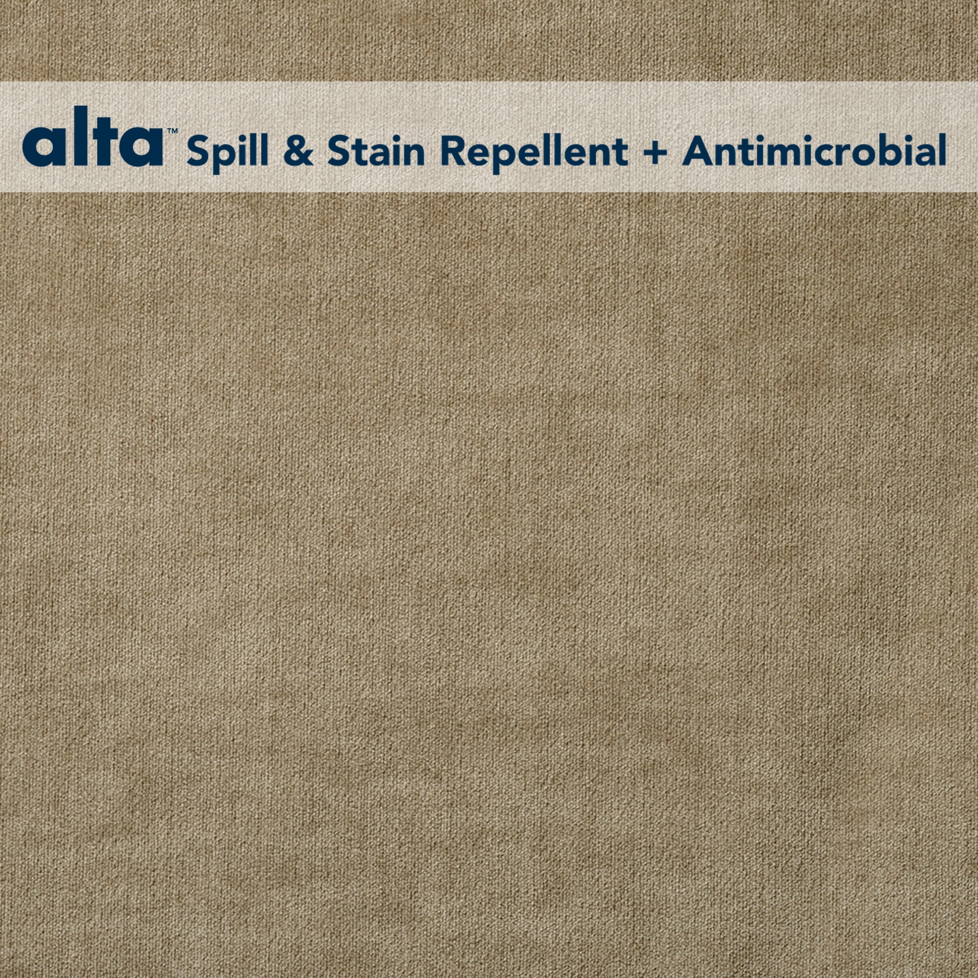 A tan textured upholstery fabric background with a white banner at the top. Blue text on the banner reads, Romance: alta Spill & Stain Repellent + Antimicrobial for powerful antimicrobial and stain protection.