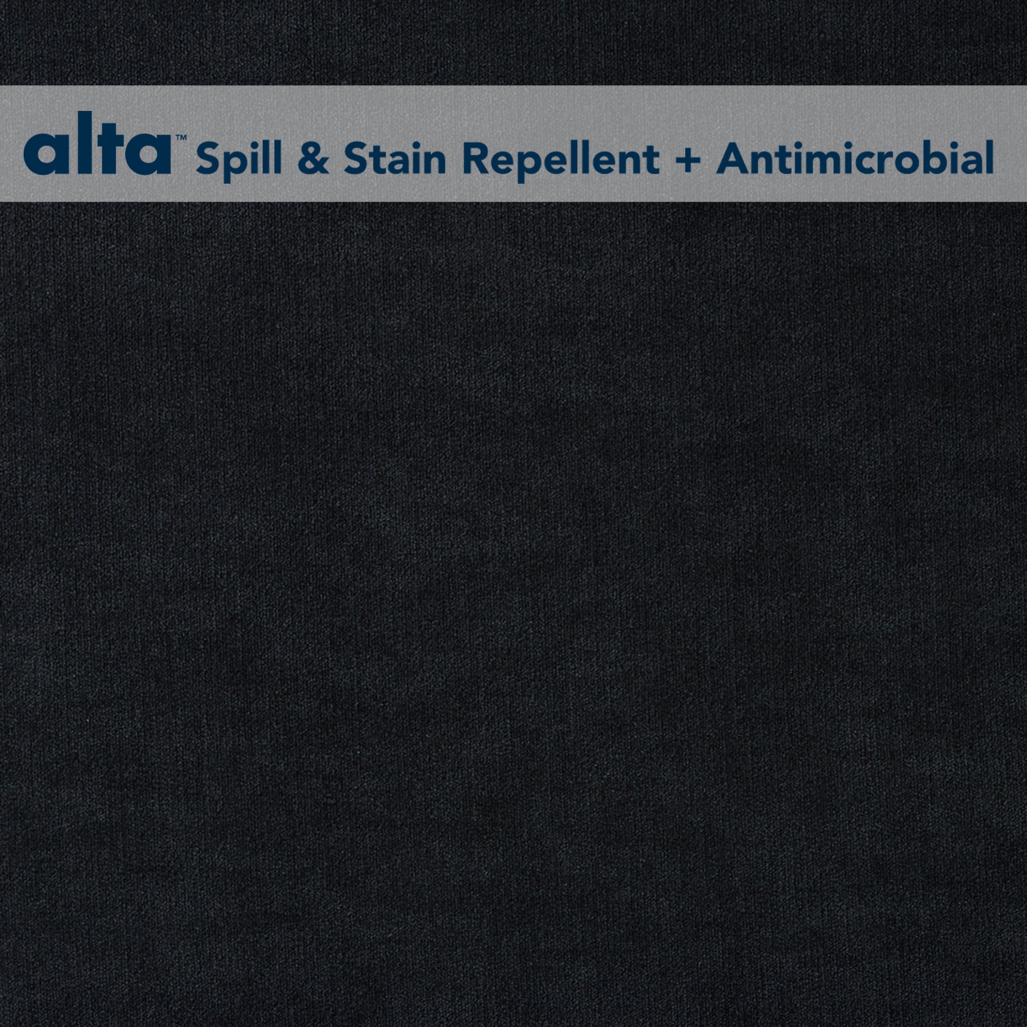 A dark textured surface with a gray banner at the top displays Romance™ Spill & Stain Repellent + Antimicrobial in blue font—perfect for upholstery fabric needing durable, antimicrobial, and stain-repellent protection.