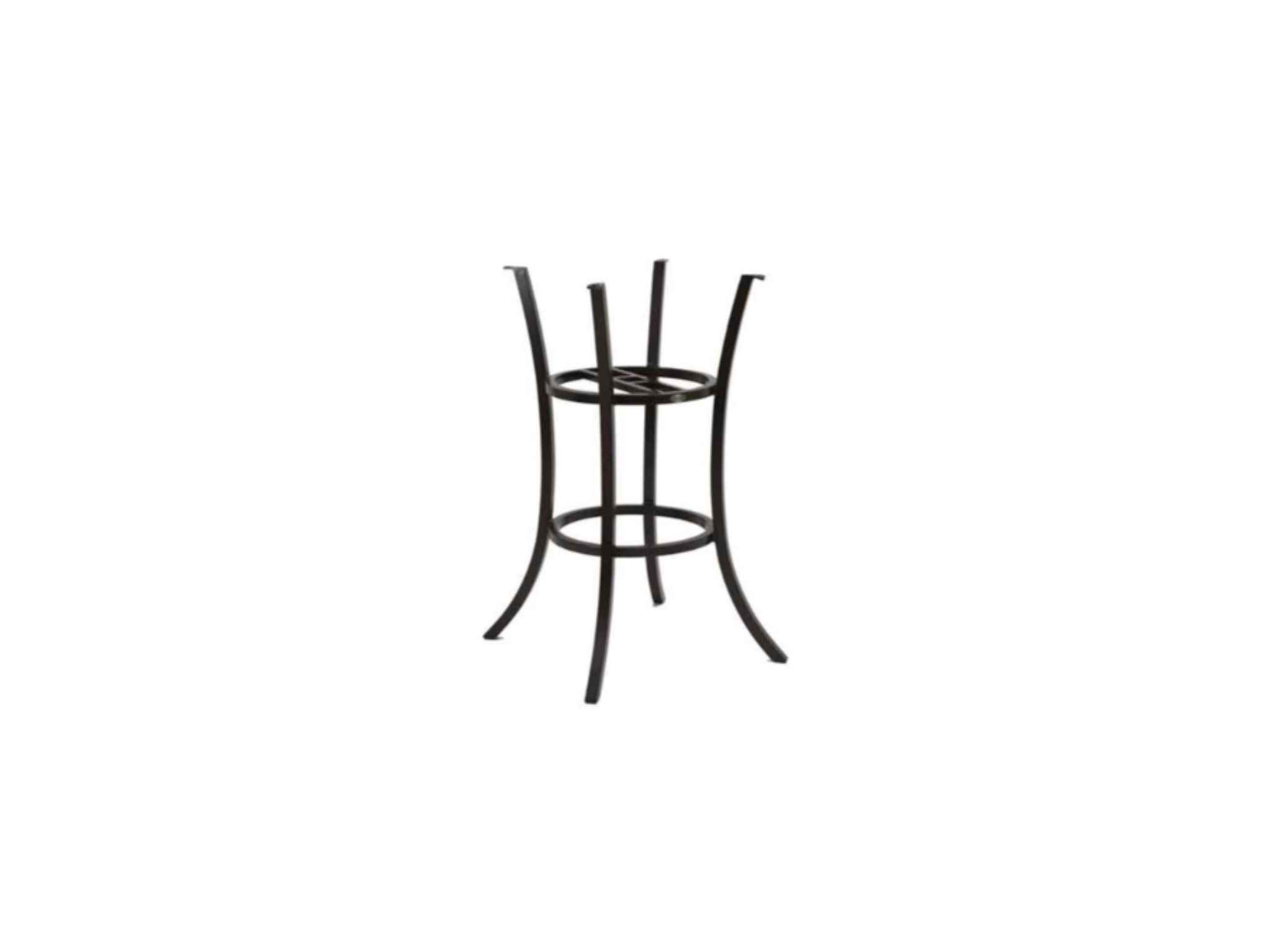 The Santa Fe Bar Table Base (42" Rd Top) w/UH is a black metal stand with four curved legs and two circular rings, featuring an open, minimalist design—perfect for holding flower pots or supporting a rust-resistant outdoor table.