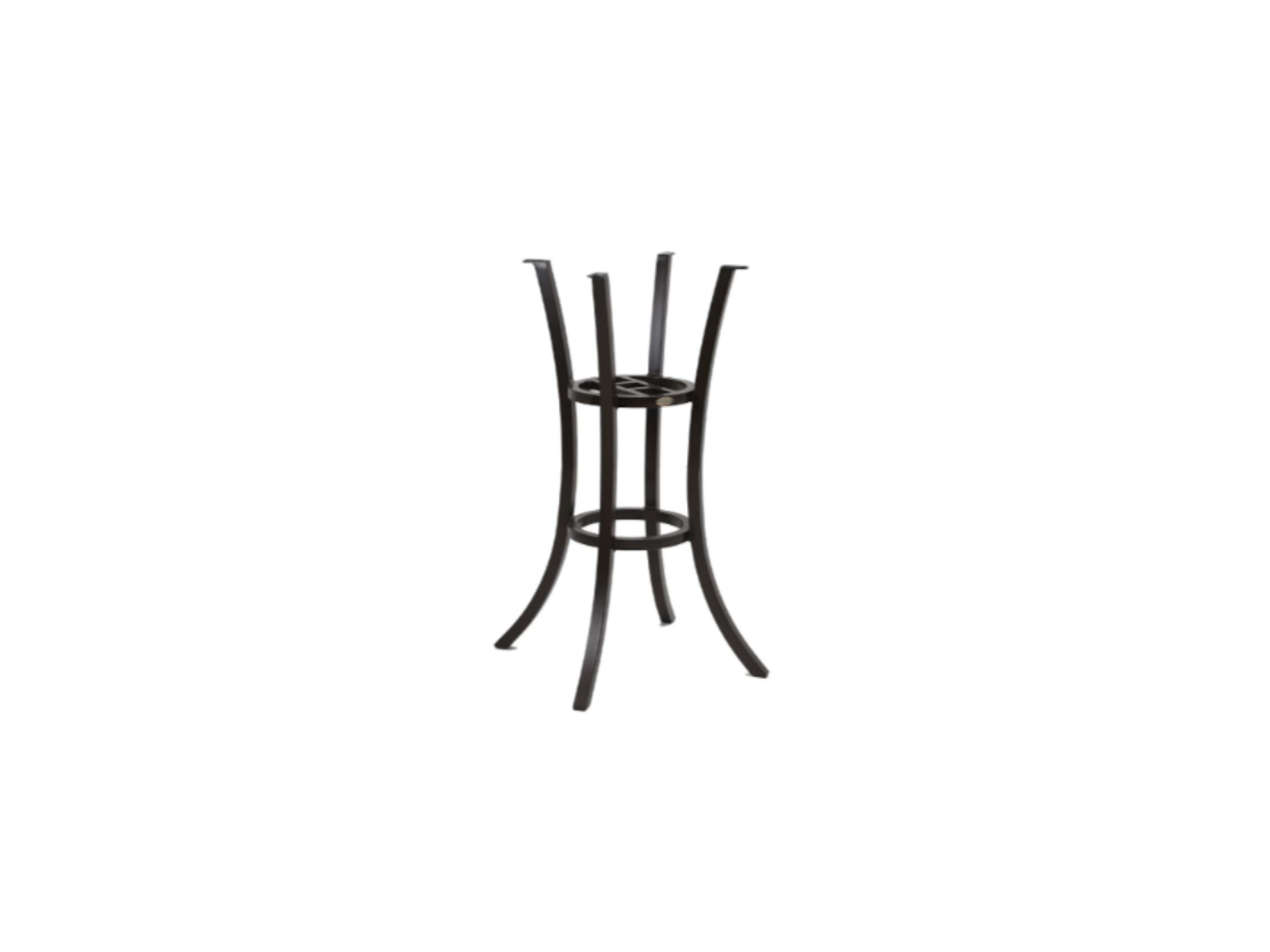 The Santa Fe Counter Table Base (30" Rd Top) features a rust-resistant black aluminum finish, four curved legs, and two circular support rings, creating an elegant look against a white background.