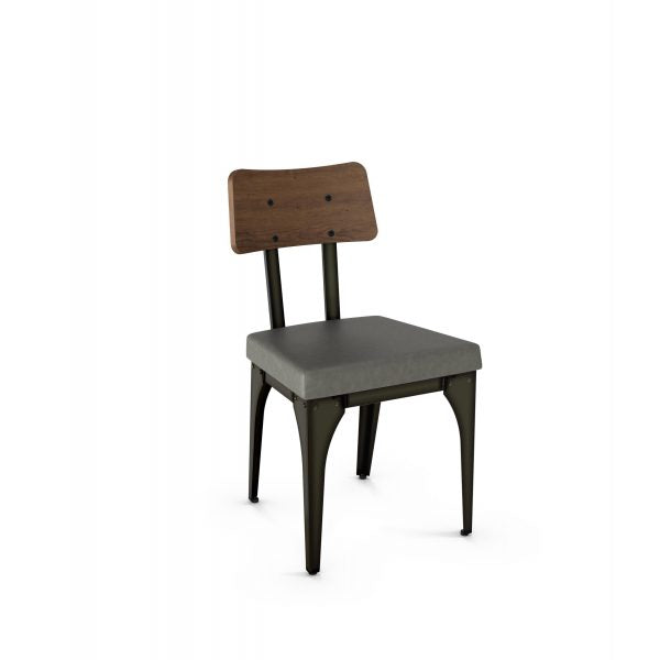 The Symmetry Chair features a wooden back, gray upholstered seat, and metal legs—a modern Canadian design made for commercial use, shown on a plain white background.
