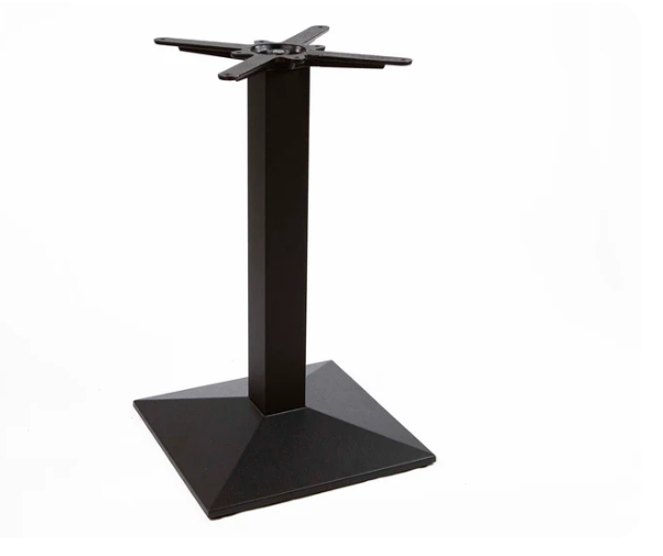 The Calabria Table Base features a black powder-coated cast iron frame, square pyramid-style bottom, and central column to support a tabletop, shown against a plain white background.