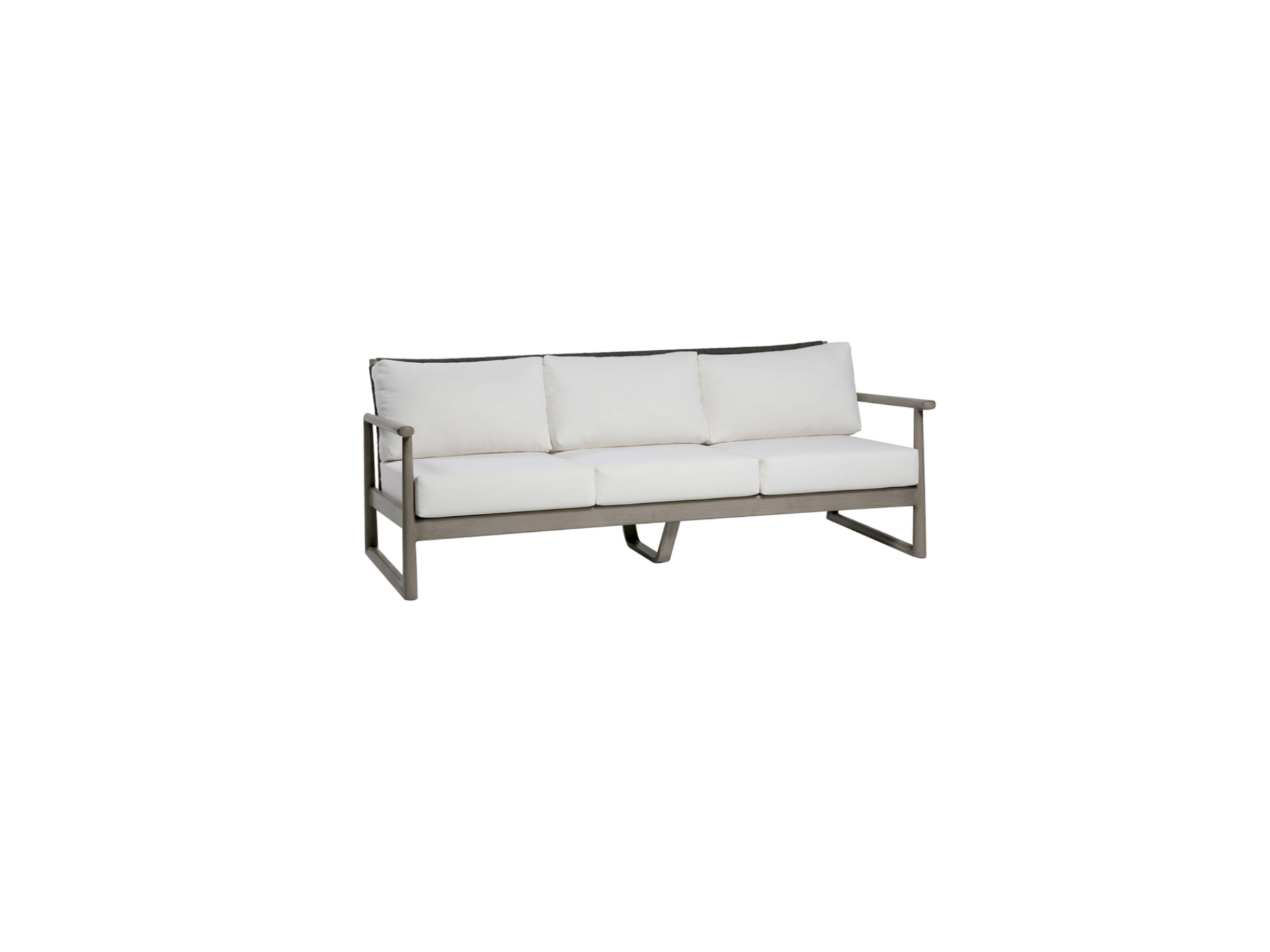 The Westchester Sofa is a modern three-seater with light cushions and a simple gray metal frame, featuring a modular design ideal for versatile spaces, shown against a white background.