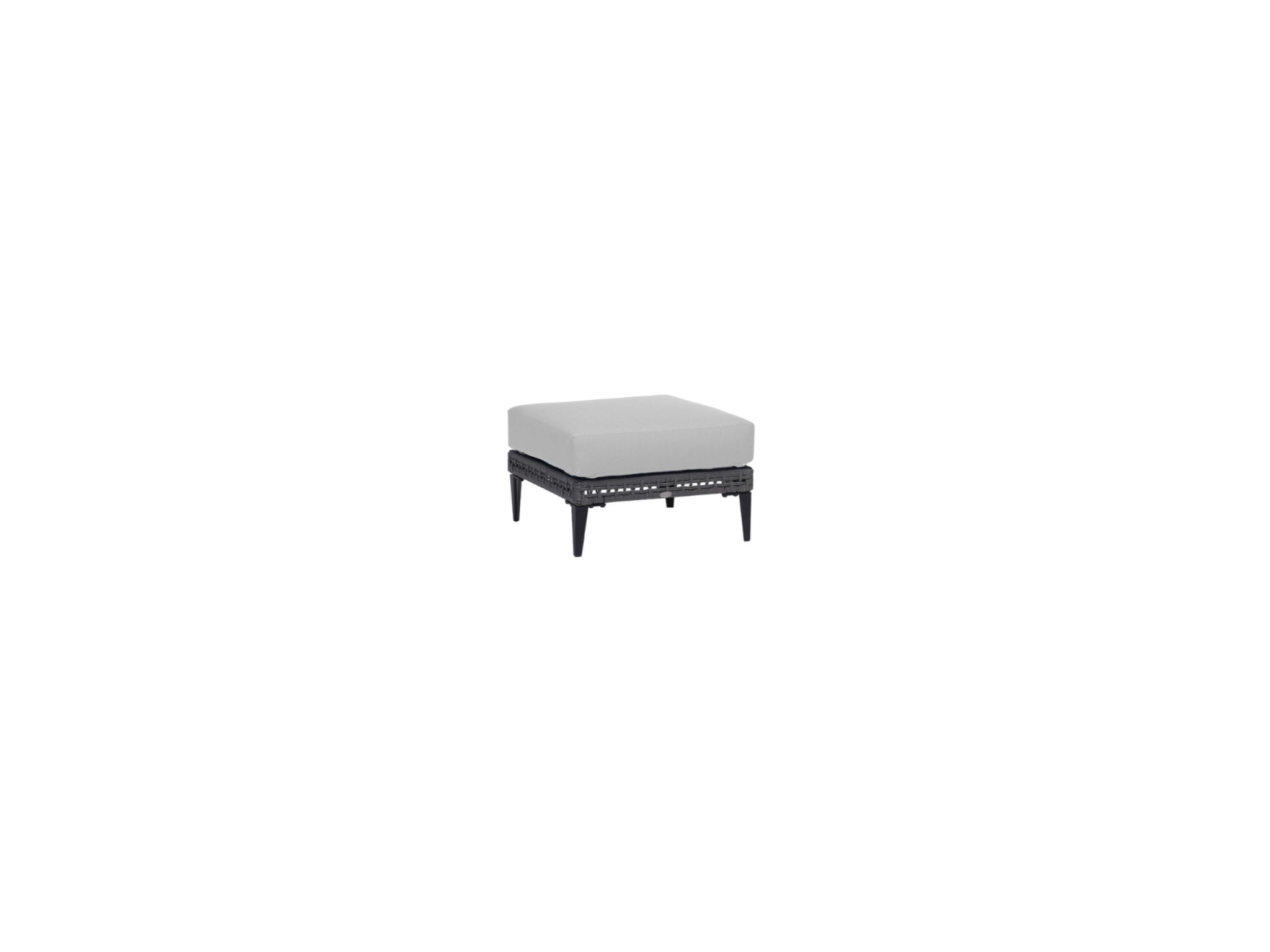 The Zurich Ottoman features a square, light gray cushion on a black grey Durarope™ woven frame with four short, tapered legs—ideal for weather-resistant modern outdoor sets.