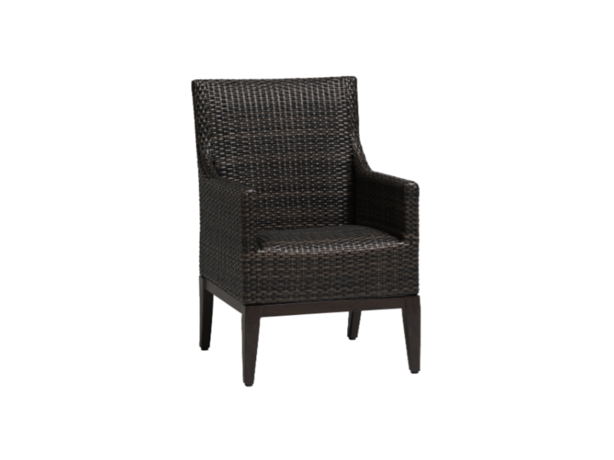 The Asheville Dining Arm Chair features a high backrest, resin woven dark brown wicker on an aluminum frame, and wooden legs. Its simple, modern design is perfect for outdoor dining and is photographed against a plain white background.