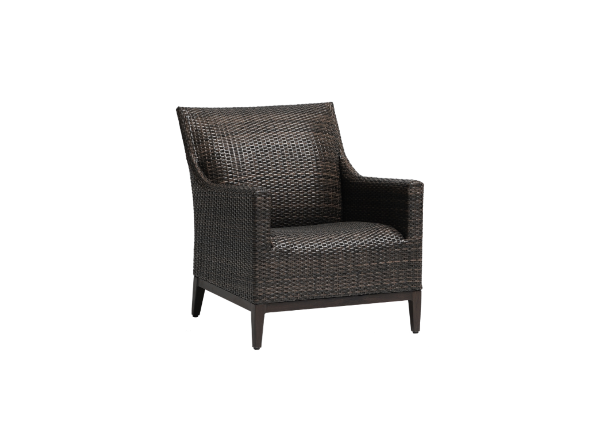 The Asheville Club Chair is a dark brown wicker armchair with a resin woven finish, high back, square arms, and durable aluminum frame—ideal for outdoor dining. Shown on a white background.