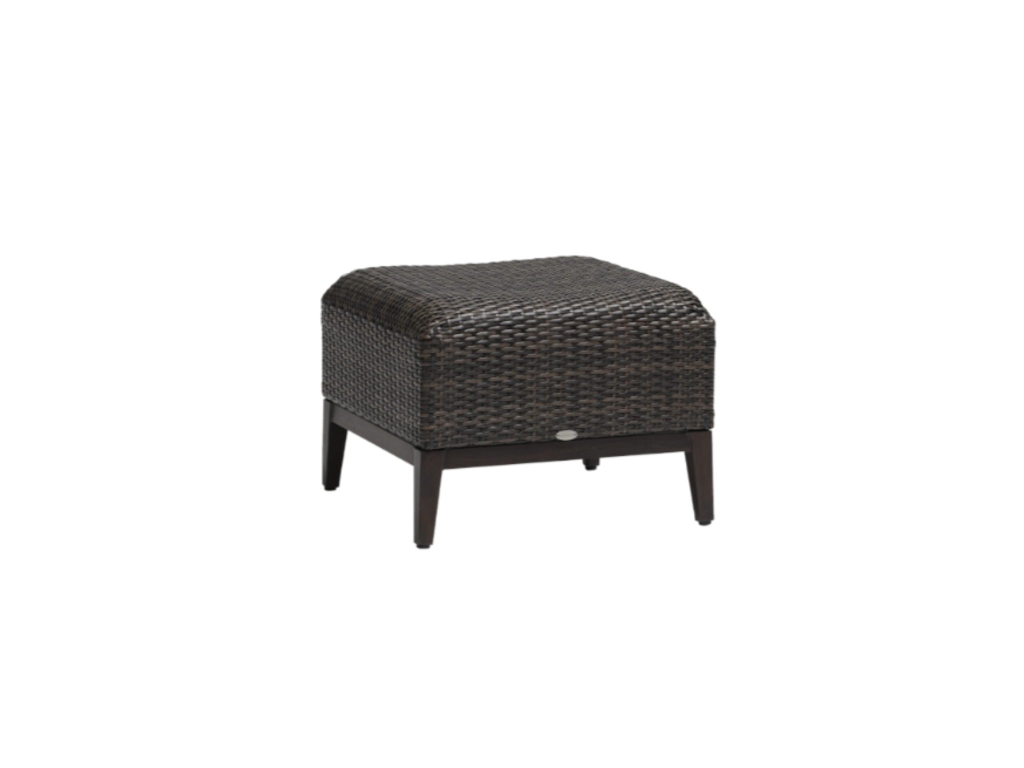The Asheville Ottoman is a small, square piece with a dark brown resin woven finish and four wooden legs—ideal for enhancing your outdoor dining area.