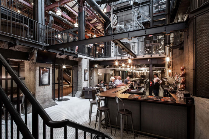 A view of an industrial style restaurant.