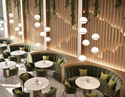 Café with biophilic elements like greenery and natural wood