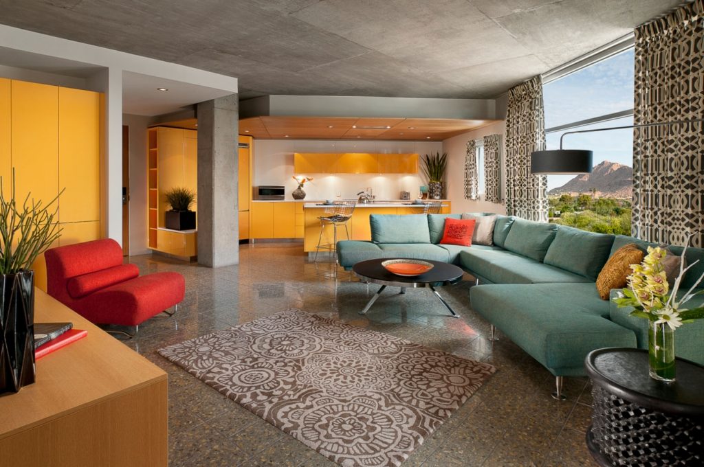 Loft suite living room and kitchen area at the Hotel Valley Ho.