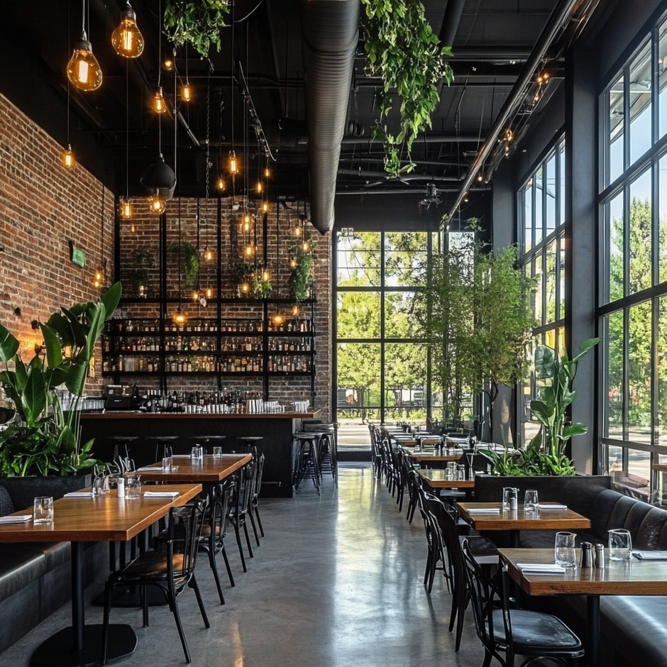 Industrial-style restaurant interior with exposed brick walls, metal beams, wood and metal furnishings, and warm ambient lighting