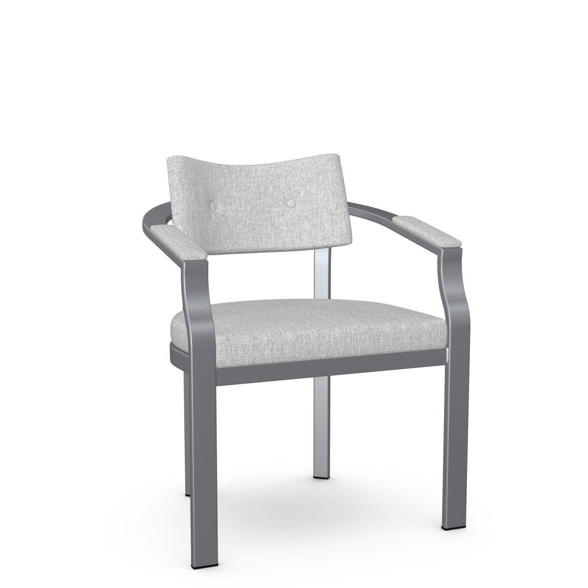 The Jonas Chair features a light gray upholstered seat and back, metal armrests, and four sturdy legs. Built for durability, this modern Canadian commercial chair comes with a 10-year warranty. Shown against a white background.