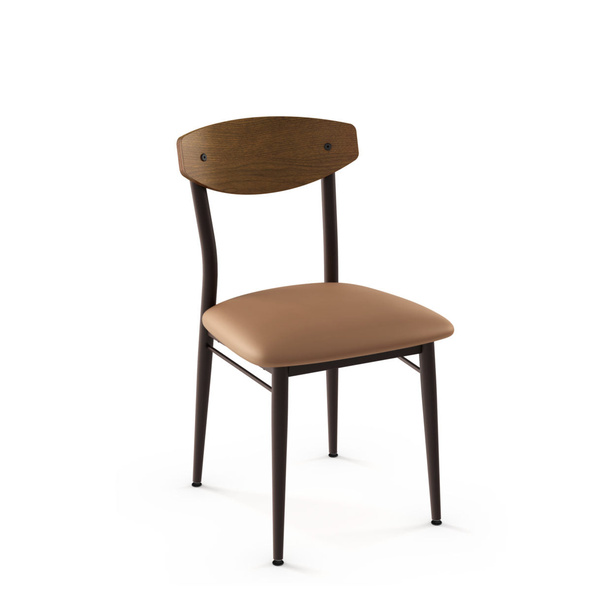 The Hint Chair features a brown upholstered seat, curved wood back, and dark Canadian steel legs. Designed for commercial use with a 10-year structural warranty. Shown against a white background.