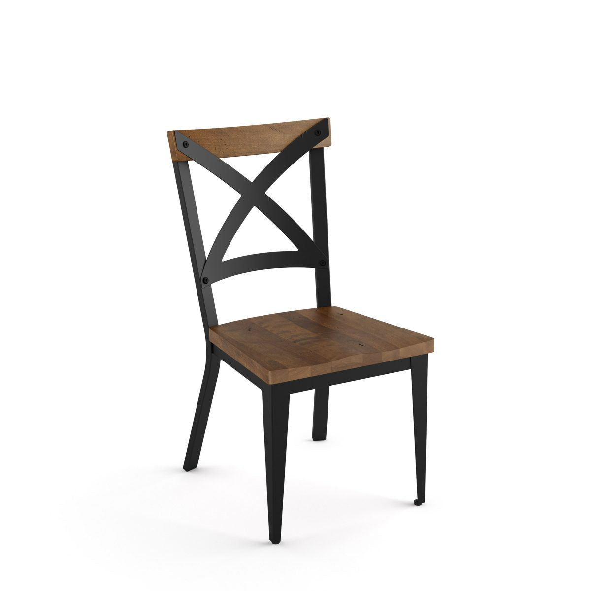 The Snyder Chair features a wood seat and back with a sturdy dark Canadian steel frame and X-shaped backrest, shown on a plain white background. Perfect for commercial use and includes a 10-year structural warranty.