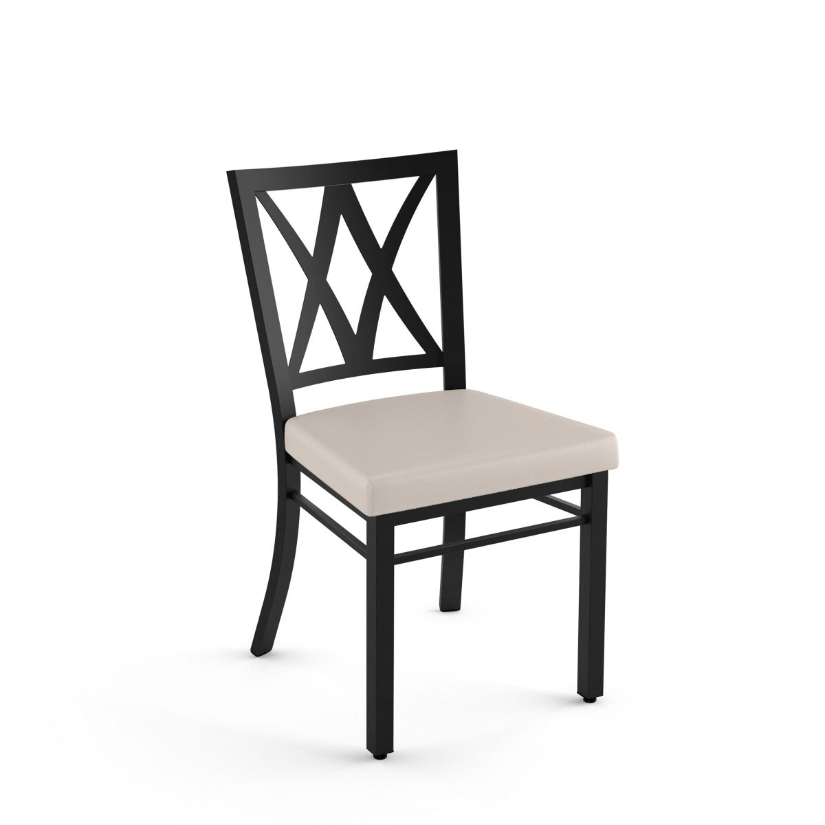 The Washington Chair features a modern Canadian steel frame, an X-patterned metal back, and a light beige upholstered seat, displayed against a plain white background.