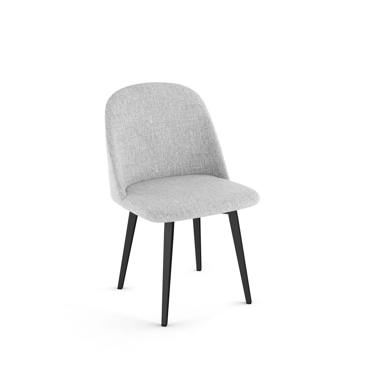 The Zahra Chair features a modern design with a light gray upholstered seat and back, supported by four slightly angled black Canadian steel legs, shown against a plain white background.
