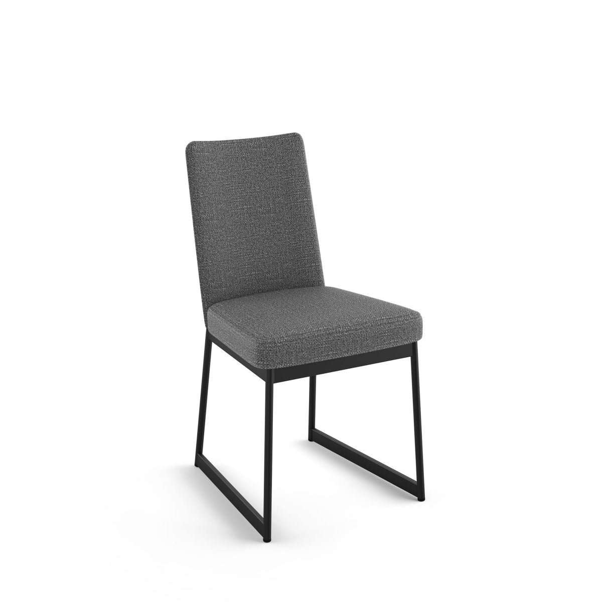 The Zola Chair features a textured gray upholstered seat and back with black Canadian steel sled legs, shown against a plain white background.