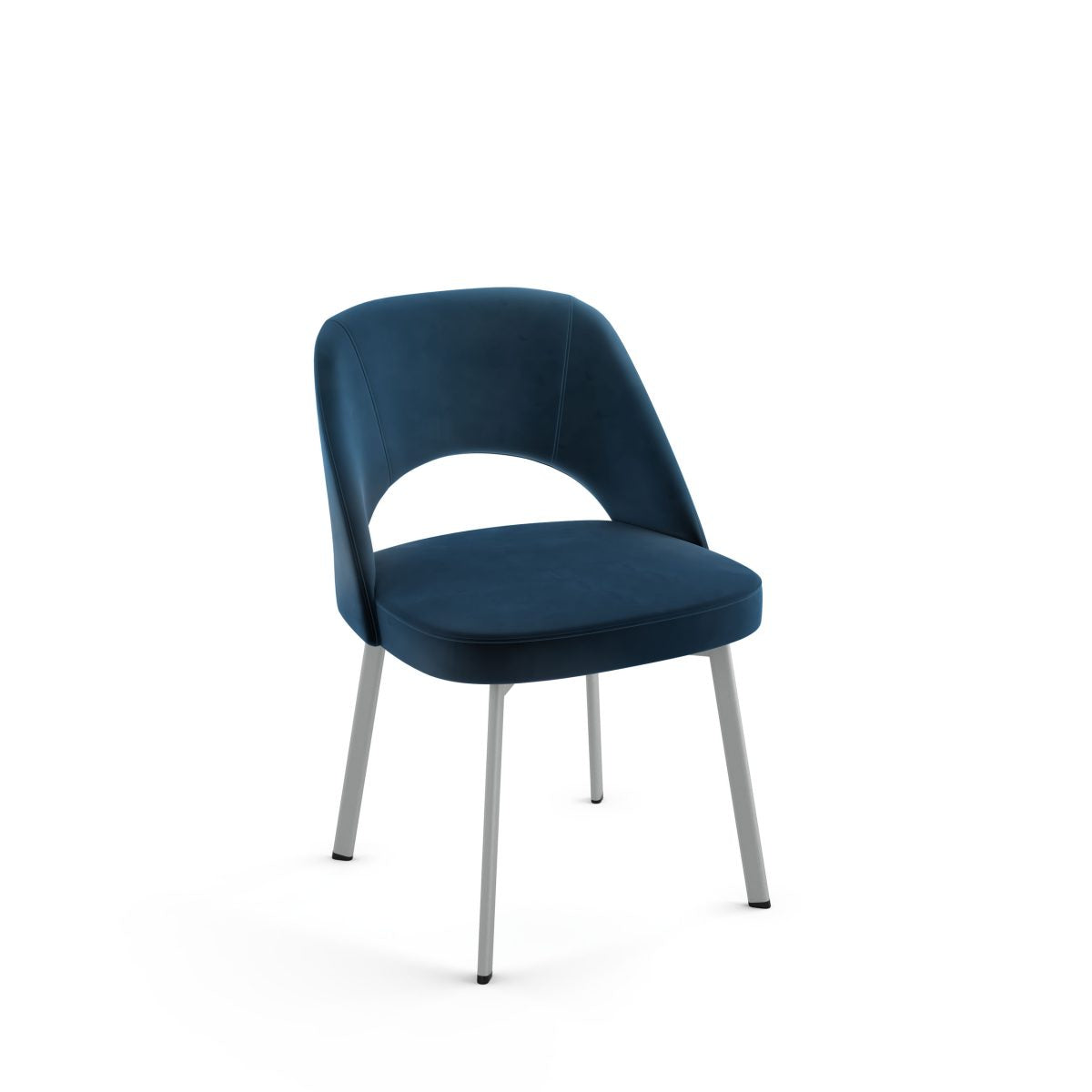 The Scarlett Chair features a modern Canadian design with curved, upholstered dark blue seat and back, open lower back, and four slim silver metal legs. Ideal for commercial spaces, it comes with a 10-year structural warranty. Pictured on a white background.